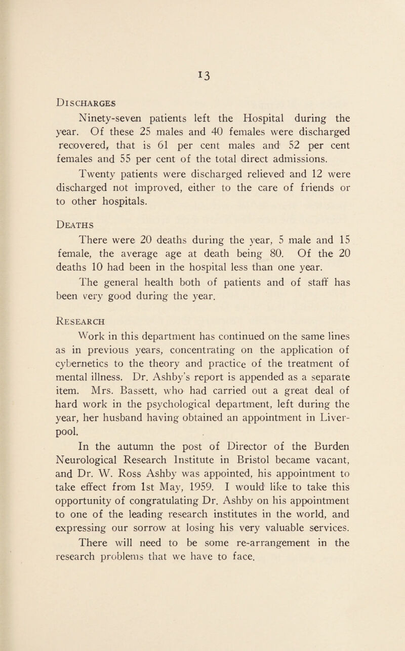 Discharges Ninety-seven patients left the Hospital during the year. Of these 25 males and 40 females were discharged recovered, that is 61 per cent males and 52 per cent females and 55 per cent of the total direct admissions. Twenty patients were discharged relieved and 12 were discharged not improved, either to the care of friends or to other hospitals. Deaths There were 20 deaths during the year, 5 male and 15 female, the average age at death being 80. Of the 20 deaths 10 had been in the hospital less than one year. The general health both of patients and of staff has been very good during the year. Research Work in this department has continued on the same lines as in previous years, concentrating on the application of cybernetics to the theory and practice of the treatment of mental illness. Dr. Ashby’s report is appended as a separate item. Mrs. Bassett, who had carried out a great deal of hard work in the psychological department, left during the year, her husband having obtained an appointment in Liver¬ pool. In the autumn the post of Director of the Burden Neurological Research Institute in Bristol became vacant, and Dr. W. Ross Ashby was appointed, his appointment to take effect from 1st May, 1959. I would like to take this opportunity of congratulating Dr. Ashby on his appointment to one of the leading research institutes in the world, and expressing our sorrow at losing his very valuable services. There will need to be some re-arrangement in the research problems that we have to face.