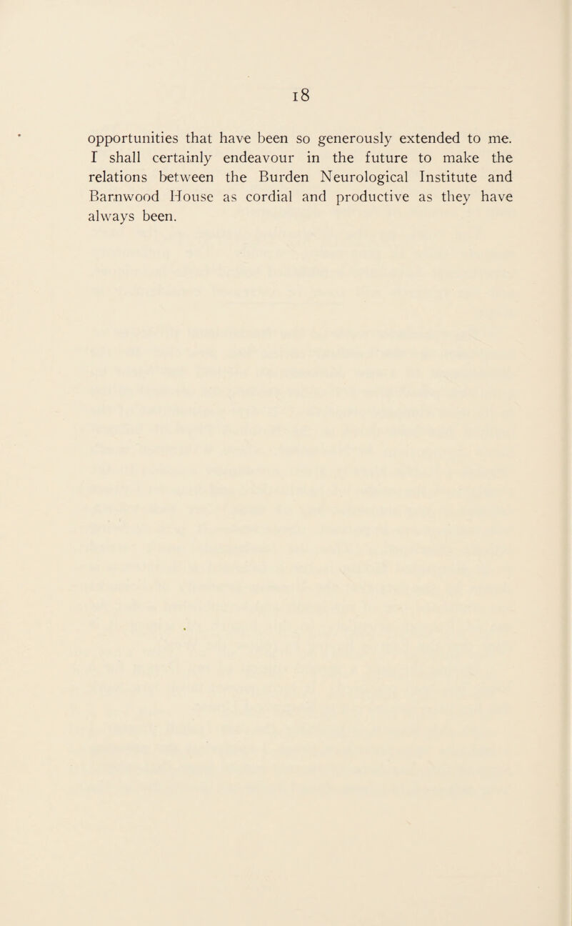 opportunities that have been so generously extended to me. I shall certainly endeavour in the future to make the relations between the Burden Neurological Institute and Barnwood House as cordial and productive as they have always been.