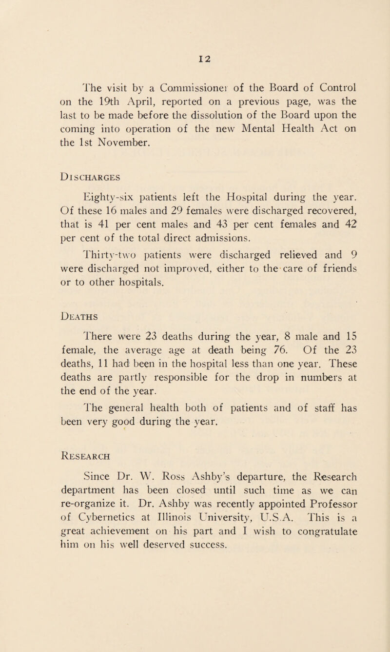 The visit by a Commissioner of the Board of Control on the 19th April, reported on a previous page, was the last to be made before the dissolution of the Board upon the coming into operation of the new Mental Health Act on the 1st November. Discharges Eighty-six patients left the Hospital during the year. Of these 16 males and 29 females were discharged recovered, that is 41 per cent males and 43 per cent females and 42 per cent of the total direct admissions. Thirty-two patients were discharged relieved and 9 were discharged not improved, either to the care of friends or to other hospitals. Deaths There were 23 deaths during the year, 8 male and 15 female, the average age at death being 76. Of the 23 deaths, 11 had been in the hospital less than one year. These deaths are partly responsible for the drop in numbers at the end of the year. The general health both of patients and of staff has been very good during the year. Research Since Dr. W. Ross Ashby’s departure, the Research department has been closed until such time as we can re-organize it. Dr. Ashby was recently appointed Professor of Cybernetics at Illinois University, U.S.A. This is a great achievement on his part and I wish to congratulate him on his well deserved success.