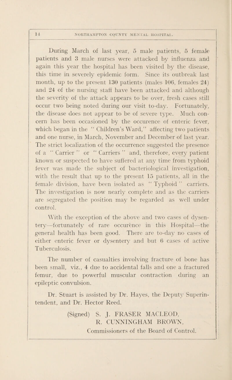 During March of last year, 5 male patients, 5 female patients and 3 male nurses were attacked by influenza and again this year the hospital has been visited by the disease, this time in severely epidemic form. Since its outbreak last month, up to the present 130 patients (males 106, females 24) and 24 of the nursing staff have been attacked and although the severity of the attack appears to be over, fresh cases still occur two being noted during our visit to-day. Fortunately, the disease does not appear to be of severe type. Much con¬ cern has been occasioned by the occurence of enteric fever, which began in the “ Children’s Ward,” affecting two patients and one nurse, in March, November and December of last year. The strict localization of the occurrence suggested the presence of a “ Carrier ” or “ Carriers ” and, therefore, every patient known or suspected to have suffered at any time from typhoid fever was made the subject of bacteriological investigation, with the result that up to the present 15 patients, all in the female division, have been isolated as “ Typhoid ” carriers. The investigation is now nearly complete and as the carriers are segregated the position may be regarded as well under control. With the exception of the above and two cases of dysen¬ tery—fortunately of rare occurence in this Hospital—the general health has been good. There are to-day no cases of either enteric fever or dysentery and but 6 cases of active Tuberculosis. The number of casualties involving fracture of bone has been small, viz., 4 due to accidental falls and one a fractured femur, due to powerful muscular contraction during an epileptic convulsion. Dr. Stuart is assisted by Dr. Hayes, the Deputy Superin¬ tendent, and Dr. Hector Reed. (Signed) S. J. FRASER MACLEOD, R. CUNNINGHAM BROWN, Commissioners of the Board of Control.