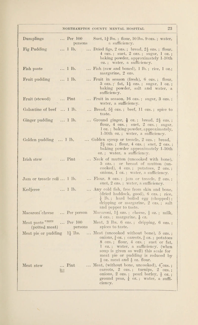 Dumplings Fig Pudding Fish paste Fruit pudding Fruit (stewed) Galantine of beef .. Ginger pudding Golden pudding ... Irish stew Jam or treacle roll ... Kedjeree Macaroni cheese Meat paste (potted meat) Meat pie or pudding Meat stew Per 100 persons 1 lb. 1 lb. 1 lb. Pint 1 lb. Suet, 1|- lbs. ; flour, 10 lbs. 9 ozs. ; water, a sufficiency. Dried figs, 2 ozs. ; bread, 2^ ozs. ; flour, 4 ozs. ; suet, 2 ozs. ; sugar, 1 oz. ; baking powder, approximately l-10th oz. ; water, a sufficiency. Fish (raw and boned), 1 lb. ; rice, 1 oz.; margarine, 2 ozs. Fruit in season (fresh), 6 ozs. ; flour, 5 ozs. fat, 1^ ozs. ; sugar, 1 oz. ; baking powder, salt and water, a sufficiency. Fruit in season, 16 ozs. ; sugar, 3 ozs. ; water, a sufficiency. Bread, 5J ozs. ; beef, 11 ozs. ; spice to taste. 1 lb. ... Ground ginger, oz. ; bread, ozs. ; flour, 4 ozs. ; suet, 2 ozs. ; sugar, ] oz. ; baking powder, approximately, 1-lOth oz. ; water, a sufficiency. 1 lb. ... Golden syrup or treacle, 2 ozs. : bread, ozs. ; flour, 4 ozs. ; suet, 2 ozs. ; baking powder approximately l-10th oz. ; water, a sufficiency. Pint ... IMeck of mutton (uncooked with bone), 5 ozs. ; or breast of mutton (un¬ cooked), 4 ozs. ; potatoes, 2 ozs. ; onions, 1 oz. ; water, a sufficiency. 1 lb. ... Flour, 8 ozs. : jam or treacle, 2 ozs. ; suet, 2 ozs. ; water, a sufficiency. 1 lb. ... Any cold fish, free from skin and bone, (dried haddock, good), 6 ozs. ; rice, J lb. ; hard boiled egg (chopped) ; dripping or margarine, 2 ozs. ; salt and pepper to taste. Per person Macaroni, 1^ ozs. ; cheese, 4 oz. ; milk, 4 ozs. ; margarine, oz. Per 100 Meat, 3 lbs. 6 ozs. ; dripping, 6 ozs. ; persons spices to taste. 1^ lbs. ... Meat (uncooked without bone), 5 ozs.; onions, f- oz. ; carrots, f oz. ; potatoes 8 ozs. ; flour, 4 ozs. ; suet or fat, 1 oz. ; water, a sufficiency, (when soup is given as well) this scale for meat pie or pudding is reduced by 4 oz. meat and 4 oz. flour. Pint ... Meat, (without bone, uncooked), 4ozs. ; carrots, 2 ozs. ; turnips, 2 ozs. ; onions, 2 ozs. ; pearl barley, 4 oz. ; ground peas, l oz. ; water, a suffi¬ ciency.