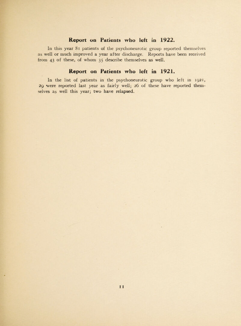 In this year 81 patients of the psychoneurotic group reported themselves as well or much improved a year after discharge. Reports have been received from 43 of these, of whom 35 describe themselves as well. Report on Patients who left in 1921. In the list of patients in the psychoneurotic group who left in 1921, 29 were reported last year as fairly well; 26 of these have reported them¬ selves as well this year; two have relapsed.