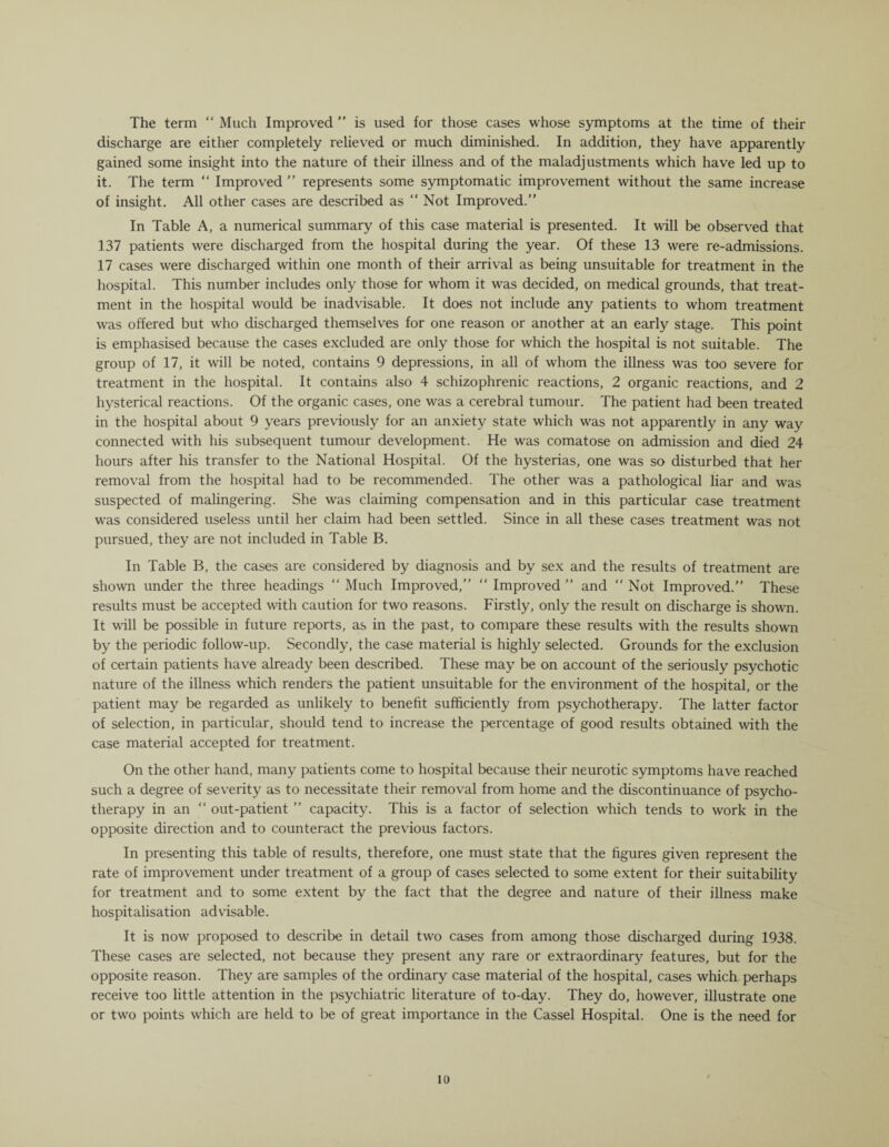 The term “ Much Improved ” is used for those cases whose symptoms at the time of their discharge are either completely relieved or much diminished. In addition, they have apparently gained some insight into the nature of their illness and of the maladjustments which have led up to it. The term “ Improved ” represents some symptomatic improvement without the same increase of insight. All other cases are described as “ Not Improved.” In Table A, a numerical summary of this case material is presented. It will be observed that 137 patients were discharged from the hospital during the year. Of these 13 were re-admissions. 17 cases were discharged within one month of their arrival as being unsuitable for treatment in the hospital. This number includes only those for whom it was decided, on medical grounds, that treat¬ ment in the hospital would be inadvisable. It does not include any patients to whom treatment was offered but who discharged themselves for one reason or another at an early stage. This point is emphasised because the cases excluded are only those for which the hospital is not suitable. The group of 17, it will be noted, contains 9 depressions, in all of whom the illness was too severe for treatment in the hospital. It contains also 4 schizophrenic reactions, 2 organic reactions, and 2 hysterical reactions. Of the organic cases, one was a cerebral tumour. The patient had been treated in the hospital about 9 years previously for an anxiety state which was not apparently in any way connected with his subsequent tumour development. He was comatose on admission and died 24 hours after his transfer to the National Hospital. Of the hysterias, one was so disturbed that her removal from the hospital had to be recommended. The other was a pathological liar and was suspected of malingering. She was claiming compensation and in this particular case treatment was considered useless until her claim had been settled. Since in all these cases treatment was not pursued, they are not included in Table B. In Table B, the cases are considered by diagnosis and by sex and the results of treatment are shown under the three headings “ Much Improved,” “ Improved ” and “ Not Improved.” These results must be accepted with caution for two reasons. Firstly, only the result on discharge is shown. It will be possible in future reports, as in the past, to compare these results with the results shown by the periodic follow-up. Secondly, the case material is highly selected. Grounds for the exclusion of certain patients have already been described. These may be on account of the seriously psychotic nature of the illness which renders the patient unsuitable for the environment of the hospital, or the patient may be regarded as unlikely to benefit sufficiently from psychotherapy. The latter factor of selection, in particular, should tend to increase the percentage of good results obtained with the case material accepted for treatment. On the other hand, many patients come to hospital because their neurotic symptoms have reached such a degree of severity as to necessitate their removal from home and the discontinuance of psycho¬ therapy in an “ out-patient ” capacity. This is a factor of selection which tends to work in the opposite direction and to counteract the previous factors. In presenting this table of results, therefore, one must state that the figures given represent the rate of improvement under treatment of a group of cases selected to some extent for their suitability for treatment and to some extent by the fact that the degree and nature of their illness make hospitalisation advisable. It is now proposed to describe in detail two cases from among those discharged during 1938. These cases are selected, not because they present any rare or extraordinary features, but for the opposite reason. They are samples of the ordinary case material of the hospital, cases which perhaps receive too little attention in the psychiatric literature of to-day. They do, however, illustrate one or two points which are held to be of great importance in the Cassel Hospital. One is the need for
