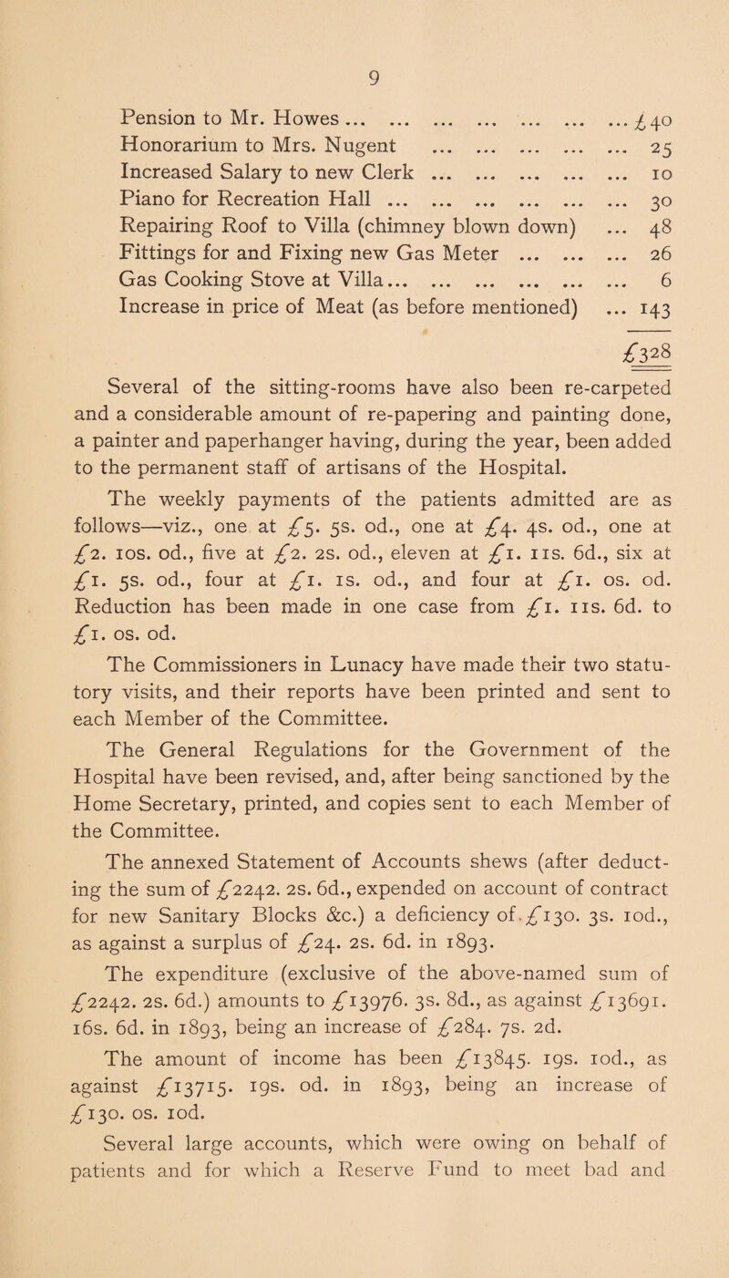Pension to Mr. Howes. Honorarium to Mrs. Nugent . Increased Salary to new Clerk . Piano for Recreation Hall. Repairing Roof to Villa (chimney blown down) Fittings for and Fixing new Gas Meter . Gas Cooking Stove at Villa. Increase in price of Meat (as before mentioned) - 25 10 .. 30 .. 48 .. 26 .. 6 ... 143 ^328 Several of the sitting-rooms have also been re-carpeted and a considerable amount of re-papering and painting done, a painter and paperhanger having, during the year, been added to the permanent staff of artisans of the Hospital. The weekly payments of the patients admitted are as follows—viz., one at £5. 5s. od., one at £\. 4s. od., one at £2. 10s. od., five at £2. 2s. od., eleven at £1. ns. 6d., six at £1. 5s. od., four at £1. is. od., and four at £1. os. od. Reduction has been made in one case from £1. 11s. 6d. to £1. os. od. The Commissioners in Lunacy have made their two statu¬ tory visits, and their reports have been printed and sent to each Member of the Committee. The General Regulations for the Government of the Hospital have been revised, and, after being sanctioned by the Home Secretary, printed, and copies sent to each Member of the Committee. The annexed Statement of Accounts shews (after deduct¬ ing the sum of ^2242. 2s. 6d., expended on account of contract for new Sanitary Blocks &c.) a deficiency of.£130. 3s. iod., as against a surplus of ^*24. 2s. 6d. in 1893. The expenditure (exclusive of the above-named sum of £224.2. 2S. 6d.) amounts to ^13976. 3s. 8d., as against ^13691. x6s. 6d. in 1893, being an increase of ^284. 7s. 2d. The amount of income has been ^13845. 19s. iod., as against ^”13715. 19s. od. in 1893, being an increase of /130. os. iod. Several large accounts, which were owing on behalf of patients and for which a Reserve Fund to meet bad and