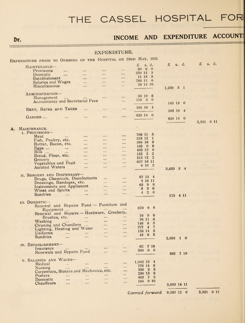 INCOME AND EXPENDITURE ACCOUNT EXPENDITURE. Expenditure prior to Opening of the Hospital on 23rd May, 1921 Maintenance— Provisions Domestic Establishment Salaries and Wages Miscellaneous Administration— Management Accountancy and Secretarial Fees Rent, Rates and Taxes Garden ... A. Maintenance. i. Provisions— Meat Fish, Poultry, etc. Butter, Bacon, etc. Eggs ... Milk Bread, Flour, etc. Grocery Vegetables and Fruit Aerated Waters ii. Surgery and Dispensary— Drugs, Chemicals, Disinfectants Dressings, Bandages, etc. Instruments and Appliances Wines and Spirits Sundries hi. Domestic— _ , _ , Renewal and Repairs Fund — Furniture and Equipment ... ••• ••• Renewal and Repairs — Hardware. Crockery, Brushes, etc. Washing Cleaning and Chandlery ... Lighting, Heating and Water Uniforms Sundries iv. Establishment— Insurance Renewals and Repairs Fund v. Salaries and Wages— Medical Nursing ... . *•; Carpenters, Stokers and Mechanics, etc. Porters Domestic Chauffeurs £ s. d. 80 6 9 359 14 3 11 15 9 780 11 6 26 14 10 35 10 6 110 3 0 105 10 4 820 14 0 766 11 5 318 12 1 384 16 9 185 9 8 465 12 0 152 2 2 515 12 2 637 16 11 6 10 2 97 13 4 4 16 11 63 9 8 3 3 0 4 2 0 870 6 6 16 9 8 76 11 6 148 8 5 777 4 7 158 14 5 45 6 5 62 7 10 500 0 0 1,042 13 4 776 14 8 356 3 5 230 15 6 493 7 2 104 0 10 £ s. d. 1,259 3 1 145 13 6 105 10 4 820 14 0 3,433 3 4 173 4 11 2,093 1 6 562 7 10 3,003 14 11 £ s. d. 2,331 0 11