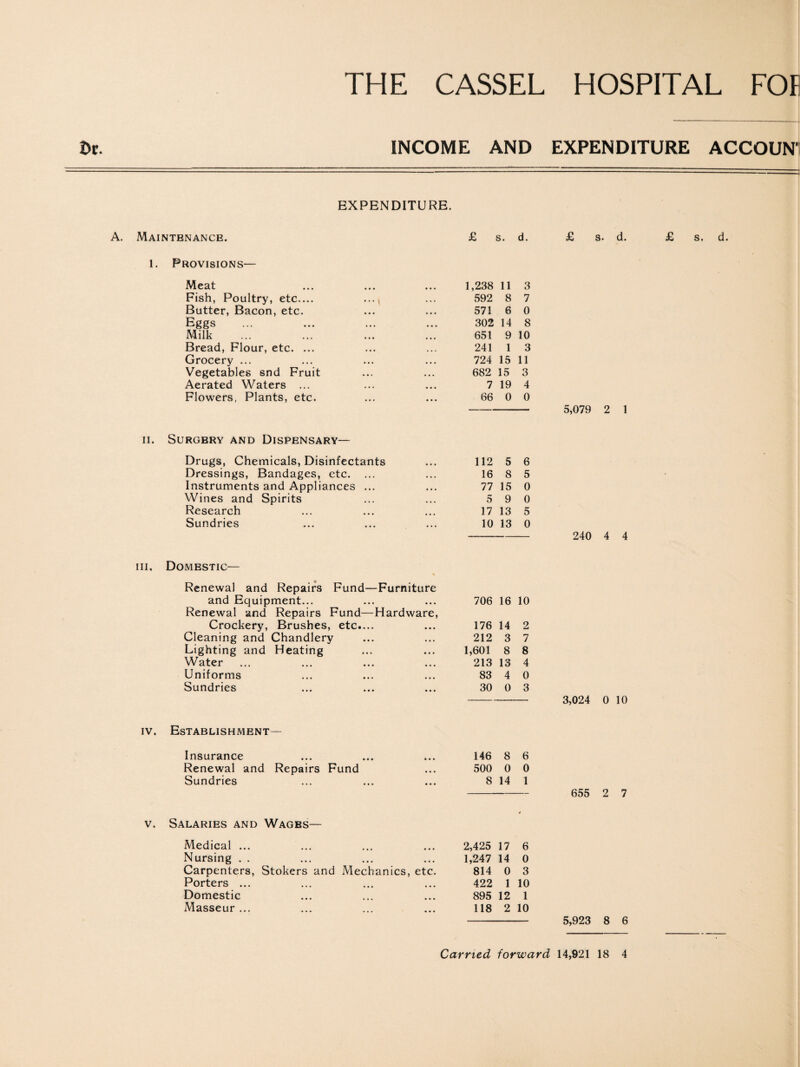 INCOME AND EXPENDITURE ACCOUN' EXPENDITURE. A. Maintenance. £ s. d. £ s. d. £ s. d. 1. Provisions— Meat Fish, Poultry, etc.... Butter, Bacon, etc. Eggs Milk Bread, Flour, etc. ... Grocery ... Vegetables snd Fruit Aerated Waters ... Flowers, Plants, etc. ,238 11 3 592 8 7 571 6 0 302 14 8 651 9 10 241 1 3 724 15 11 682 15 3 7 19 4 66 0 0 5,079 2 1 ii. Surgery and Dispensary— Drugs, Chemicals, Disinfectants Dressings, Bandages, etc. ... Instruments and Appliances ... Wines and Spirits Research Sundries 112 5 6 16 8 5 77 15 0 5 9 0 17 13 5 10 13 0 - 240 4 4 iii. Domestic— Renewal and Repairs Fund—Furniture and Equipment... Renewal and Repairs Fund—Hardware, Crockery, Brushes, etc.... Cleaning and Chandlery Lighting and Heating Water Uniforms Sundries 706 16 10 176 14 2 212 3 7 1,601 8 8 213 13 4 83 4 0 30 0 3 3,024 0 10 iv. Establishment— Insurance Renewal and Repairs Fund Sundries 146 8 6 500 0 0 8 14 1 - 655 2 7 v. Salaries and Wages— Medical ... Nursing . . Carpenters, Stokers and Porters ... Domestic Masseur ... 2,425 17 6 1,247 14 0 Mechanics, etc. 814 0 3 422 1 10 895 12 1 118 2 10 5,923 8 6