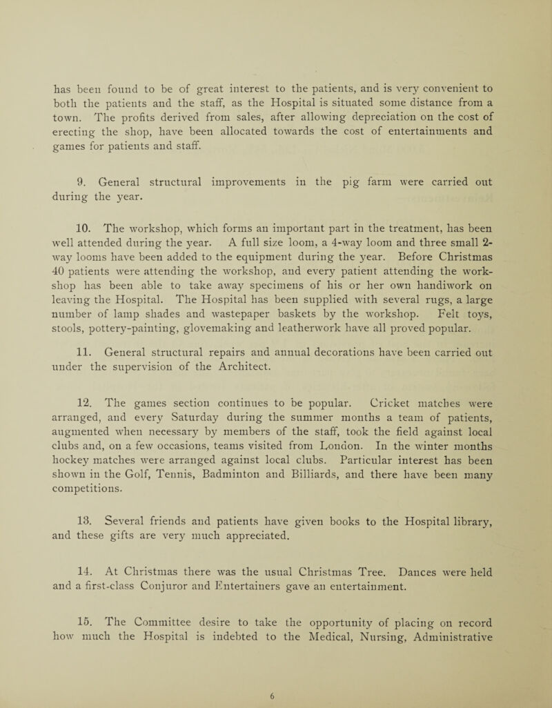 has been found to be of great interest to the patients, and is very convenient to both the patients and the staff, as the Hospital is situated some distance from a town. The profits derived from sales, after allowing depreciation on the cost of erecting the shop, have been allocated towards the cost of entertainments and games for patients and staff. 9. General structural improvements in the pig farm were carried out during the year. 10. The workshop, which forms an important part in the treatment, has been well attended during the year. A full size loom, a 4-way loom and three small 2- way looms have been added to the equipment during the year. Before Christmas 40 patients were attending the workshop, and every patient attending the work¬ shop has been able to take away specimens of his or her own handiwork on leaving the Hospital. The Hospital has been supplied with several rugs, a large number of lamp shades and wastepaper baskets by the workshop. Felt toys, stools, pottery-painting, glovemaking and leatherwork have all proved popular. 11. General structural repairs and annual decorations have been carried out under the supervision of the Architect. 12. The games section continues to be popular. Cricket matches were arranged, and every Saturday during the summer months a team of patients, augmented when necessary by members of the staff, took the field against local clubs and, on a few occasions, teams visited from London. In the winter months hockey matches were arranged against local clubs. Particular interest has been shown in the Golf, Tennis, Badminton and Billiards, and there have been many competitions. IB. Several friends and patients have given books to the Hospital library, and these gifts are very much appreciated. 14. At Christmas there was the usual Christmas Tree. Dances were held and a first-class Conjuror and Entertainers gave an entertainment. 15. The Committee desire to take the opportunity of placing on record how much the Hospital is indebted to the Medical, Nursing, Administrative