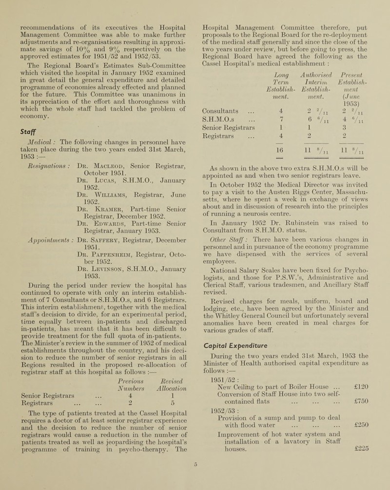 recommendations of its executives the Hospital Management Committee was able to make further adjustments and re-organisations resulting in approxi¬ mate savings of 10% and 9% respectively on the approved estimates for 1951/52 and 1952/53. The Regional Board’s Estimates Sub-Committee which visited the hospital in January 1952 examined in great detail the general expenditure and detailed programme of economies already effected and planned for the future. This Committee was unanimous in its appreciation of the effort and thoroughness with which the whole staff had tackled the problem of economy. Staff Medical : The following changes in personnel have taken place during the two years ended 31st March, 1953 :— Resignations : Dr. Macleod, Senior Registrar, October 1951. Dr. Lucas, S.H.M.O., January 1952. Dr. Williams, Registrar, June 1952. Dr. Kramer, Part-time Senior Registrar, December 1952. Dr. Edwards, Part-time Senior Registrar, January 1953. Appointments : Dr. Saffery, Registrar, December 1951. Dr. Pappenheim, Registrar, Octo¬ ber 1952. Dr. Levinson, S.H.M.O., January 1953. During the period under review the hospital has continued to operate with only an interim establish¬ ment of 7 Consultants or S.H.M.O.s, and 6 Registrars. This interim establishment, together with the medical staff’s decision to divide, for an experimental period, time equally between in-patients and discharged in-patients, has meant that it has been difficult to provide treatment for the full quota of in-patients. The Minister’s review in the summer of 1952 of medical establishments throughout the country, and his deci¬ sion to reduce the number of senior registrars in all Regions resulted in the proposed re-allocation of registrar staff at this hospital as follows :— Previous Revised Numbers Allocation Senior Registrars ... 4 1 Registrars ... ... 2 5 The type of patients treated at the Cassel Hospital requires a doctor of at least senior registrar experience and the decision to reduce the number of senior registrars would cause a reduction in the number of patients treated as well as jeopardising the hospital’s programme of training in psycho-therapy. The Hospital Management Committee therefore, put proposals to the Regional Board for the re-deployment of the medical staff generally and since the close of the two years under review, but before going to press, the Regional Board have agreed the following as the Cassel Hospital’s medical establishment : Long Authorised Present Term Interim Establish- Establish- Establish- ment ment. ment. (■June 1953) Consultants 4 2 2/ii 2 7n S.H.M.O.s 7 6 6/n 4 Vii Senior Registrars 1 1 o o Registrars 4 2 2 16 ii 8Ai 11 8/ 11 / n As shown in the above two extra S.H.M.O.s will be appointed as and when two senior registrars leave. In October 1952 the Medical Director was invited to pay a visit to the Austen Riggs Center, Massachu¬ setts, where he spent a week in exchange of views about and in discussion of research into the principles of running a neurosis centre. In January 1952 Dr. Rubinstein was raised to Consultant from S.H.M.O. status. Other Staff: There have been various changes in personnel and in pursuance of the economy programme we have dispensed with the services of several employees. National Salary Scales have been fixed for Psycho¬ logists, and those for P.S.W.’s, Administrative and Clerical Staff, various tradesmen, and Ancillary Staff revised. Revised charges for meals, uniform, board and lodging, etc., have been agreed by the Minister and the Whitley General Council but unfortunately several anomalies have been created in meal charges for various grades of staff. Capital Expenditure During the two years ended 31st March, 1953 the Minister of Health authorised capital expenditure as follows :— 1951/52 : New Ceiling to part of Boiler House ... £120 Conversion of Staff House into two self- contained flats ... ... ... £750 1952/53 : Provision of a sump and pump to deal with flood water ... ... ... £250 Improvement of hot water system and installation of a lavatory in Staff houses. £225
