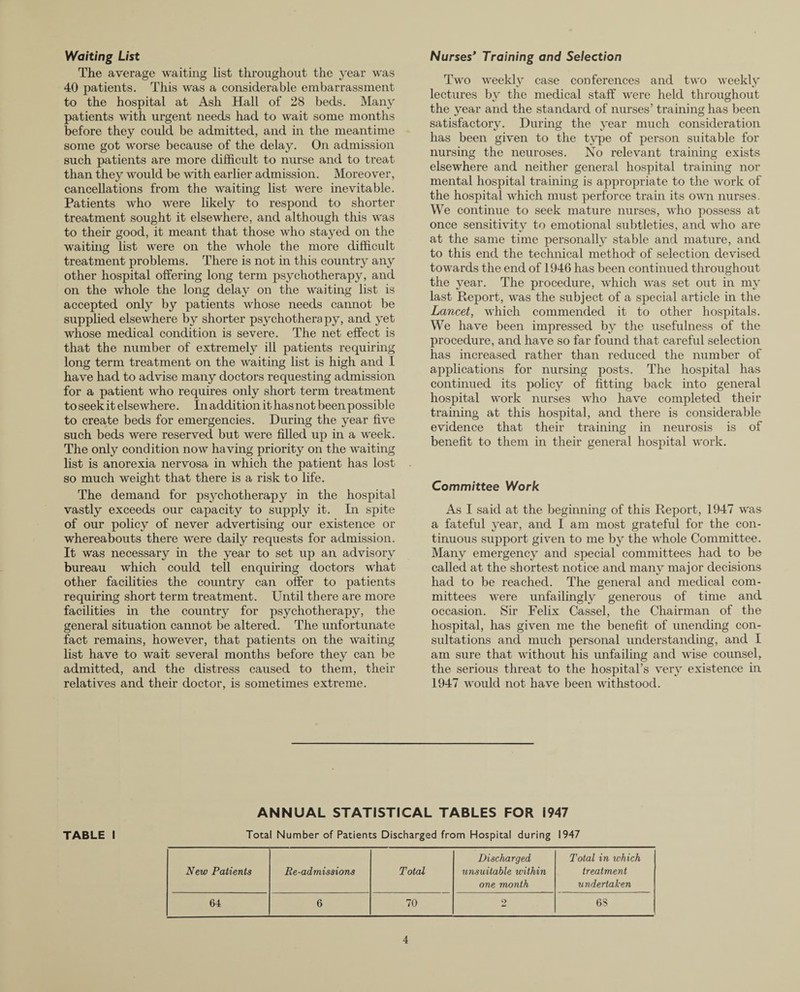 Waiting List The average waiting list throughout the year was 40 patients. This was a considerable embarrassment to the hospital at Ash Hall of 28 beds. Many patients with urgent needs had to wait some months before they could be admitted, and in the meantime some got worse because of the delay. On admission such patients are more difficult to nurse and to treat than they would be with earlier admission. Moreover, cancellations from the waiting list were inevitable. Patients who were likely to respond to shorter treatment sought it elsewhere, and although this was to their good, it meant that those who stayed on the waiting list were on the whole the more difficult treatment problems. There is not in this country any other hospital offering long term psychotherapy, and on the whole the long delay on the waiting list is accepted only by patients whose needs cannot be supplied elsewhere by shorter psychotherapy, and yet whose medical condition is severe. The net effect is that the number of extremely ill patients requiring long term treatment on the waiting list is high and 1 have had to advise many doctors requesting admission for a patient who requires only short term treatment to seek it elsewhere. In addition it has not been possible to create beds for emergencies. During the year five such beds were reserved but were filled up in a week. The only condition now having priority on the waiting list is anorexia nervosa in which the patient has lost so much weight that there is a risk to life. The demand for psychotherapy in the hospital vastly exceeds our capacity to supply it. In spite of our policy of never advertising our existence or whereabouts there were daily requests for admission. It was necessary in the year to set up an advisory bureau which could tell enquiring doctors what other facilities the country can offer to patients requiring short term treatment. Until there are more facilities in the country for psychotherapy, the general situation cannot be altered. The unfortunate fact remains, however, that patients on the waiting list have to wait several months before they can be admitted, and the distress caused to them, their relatives and their doctor, is sometimes extreme. Nurses’ Training and Selection Two weekly case conferences and two weekly lectures by the medical staff were held throughout the year and the standard of nurses’ training has been satisfactory. During the year much consideration has been given to the type of person suitable for nursing the neuroses. No relevant training exists elsewhere and neither general hospital training nor mental hospital training is appropriate to the work of the hospital which must perforce train its own nurses. We continue to seek mature nurses, who possess at once sensitivity to emotional subtleties, and who are at the same time personally stable and mature, and to this end the technical method of selection devised towards the end of 1946 has been continued throughout the year. The procedure, which was set out in my last Report, was the subject of a special article in the Lancet, which commended it to other hospitals. We have been impressed by the usefulness of the procedure, and have so far found that careful selection has increased rather than reduced the number of applications for nursing posts. The hospital has continued its policy of fitting back into general hospital work nurses who have completed their training at this hospital, and there is considerable evidence that their training in neurosis is of benefit to them in their general hospital work. Committee Work As I said at the beginning of this Report, 1947 was a fateful year, and I am most grateful for the con¬ tinuous support given to me by the whole Committee. Many emergency and special committees had to be called at the shortest notice and many major decisions had to be reached. The general and medical com¬ mittees were unfailingly generous of time and occasion. Sir Felix Cassel, the Chairman of the hospital, has given me the benefit of unending con¬ sultations and much personal understanding, and I am sure that without his unfailing and wise counsel, the serious threat to the hospital’s very existence in 1947 would not have been withstood. ANNUAL STATISTICAL TABLES FOR 1947 TABLE I Total Number of Patients Discharged from Hospital during 1947 Discharged Total in which New Patients Re-admissions Total unsuitable within one month treatment undertaken 64 6 70 2 6S