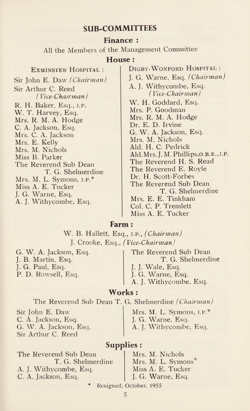 SUB-COMMITTEES Finance : All the Members of the Management Committee House: Exminster Hospital : Sir John E. Daw (Chairman) Sir Arthur C. Reed ( Vice-Chairman) R. H. Baker, Esq., j.p. W. T. Harvey, Esq. Mrs. R. M. A. Hodge C. A. Jackson, Esq. Mrs. C. A. Jackson Mrs. E. Kelly Mrs. M. Nichols M iss B. Parker The Reverend Sub Dean T. G. Shelmerdine Mrs. M. L. Symons, j.p.* Miss A. E. Tucker J. G. Warne, Esq. A. J. Withycombe, Esq. Digby-Wonford Hospital : J. G. Warne, Esq. (Chairman) A. J. Withycombe, Esq. ( Vice-Chairman) W. H. Goddard, Esq. Mrs. P. Goodman Mrs. R. M. A. Hodge Dr. E. D. Irvine G. W. A. Jackson, Esq. Mrs. M. Nichols Aid. H. C. Pedrick Aid.Mrs. J. M. Phillips, o.b.e., j.p. The Reverend H. S. Read The Reverend E. Rovle Dr. H. Scott-Forbes The Reverend Sub Dean T. G. Shelmerdine Mrs. E. E. Tinkham Col. C. P. Tremlett Miss A. E. Tucker Farm : W. B. Hallett, Esq., j.p., (Chairman) J. Crooke, Esq., (Vice-Chairman) G. W. A. Jackson, Esq. J. B. Martin, Esq. J. G. Paul, Esq. P. D. Rowsell, Esq. The Reverend Sub Dean T. G. Shelmerdine J. J. Wale, Esq. J. G. Warne, Esq. A. J. Withycombe, Esq. Works : The Reverend Sub Dean T. G. Shelmerdine (Chairman) Sir John E. Daw C. A. Jackson, Esq. G. W. A. Jackson, Esq. Sir Arthur C. Reed Mrs. M. L. Symons, j.p.* J. G. Warne, Esq. A. J. Withycombe, Esq. Supplies : The Reverend Sub Dean T. G. Shelmerdine A. J. Withycombe, Esq. C. A. Jackson, Esq. Mrs. M. Nichols Mrs. M. L. Symons* Miss A. E. Tucker J. G. Warne, Esq. * Resigned, October, 1955