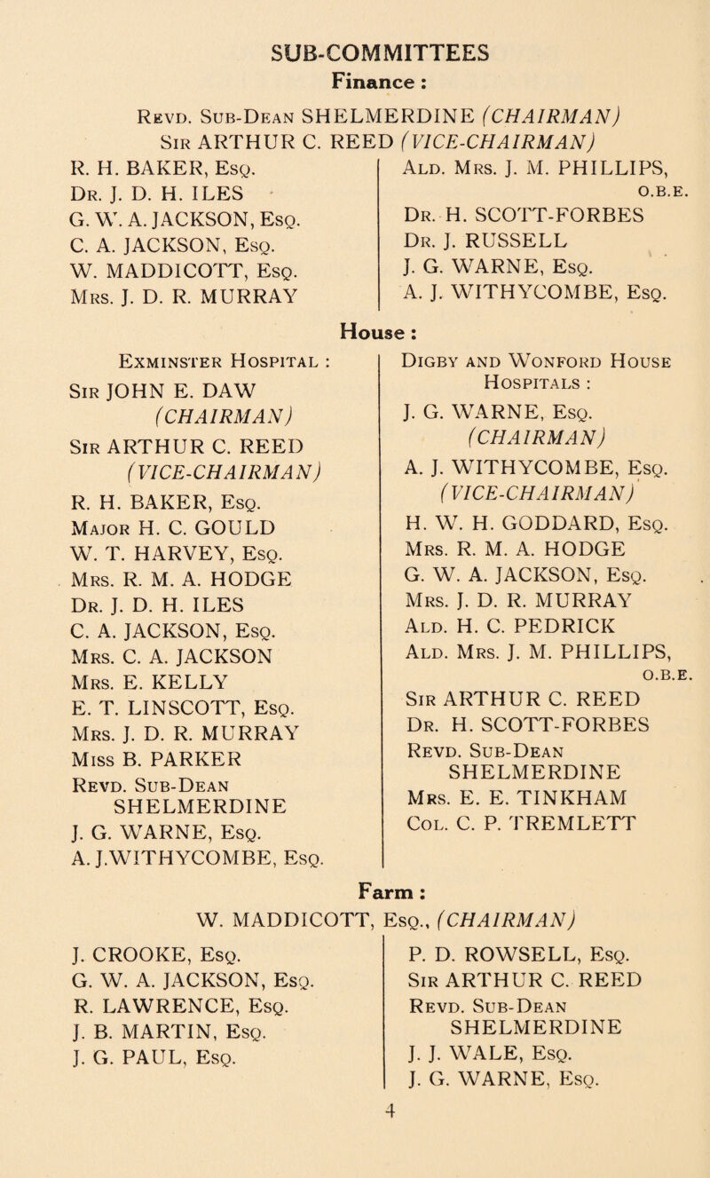 SUB-COMMITTEES Finance : Revd. Sub-Dean SHELMERDINE (CHAIRMAN) Sir ARTHUR C. REED (VICE-CHAIRMAN) R. H. BAKER, Esq. Dr. J. D. H. ILES G. W. A. JACKSON, Esq. C. A. JACKSON, Eso. W. MADDICOTT, Esq. Mrs. J. D. R. MURRAY Ald. Mrs. J. M. PHILLIPS, O.B.E. Dr. H. SCOTT-FORBES Dr. J. RUSSELL J. G. WARNE, Esq. A. J. WITHYCOMBE, Esq. House : Exminster Hospital : Sir JOHN E. DAW (CHAIRMAN) Sir ARTHUR C. REED (VICE-CHAIRMAN) R. H. BAKER, Esq. Major H. C. GOULD W. T. HARVEY, Esq. Mrs. R. M. A. HODGE Dr. J. D. H. ILES C. A. JACKSON, Esq. Mrs. C. A. JACKSON Mrs. E. KELLY E. T. LINSCOTT, Esq. Mrs. J. D. R. MURRAY Miss B. PARKER Revd. Sub-Dean SHELMERDINE J. G. WARNE, Esq. A. J.WITHYCOMBE, Esq. Digby and Wonford House Hospitals : J. G. WARNE, Esq. (CHAIRMAN) A. J. WITHYCOMBE, Eso. (VICE-CHAIRMAN) H. W. H. GODDARD, Esq. Mrs. R. M. A. HODGE G. W. A. JACKSON, Esq. Mrs. J. D. R. MURRAY Ald. H. C. PEDRICK Ald. Mrs. J. M. PHILLIPS, O.B.E. Sir ARTHUR C. REED Dr. H. SCOTT-FORBES Revd. Sub-Dean SHELMERDINE Mrs. E. E. TINKHAM Col. C. P. TREMLETT Farm : W. MADDICOTT, Esq., (CHAIRMAN) J. CROOKE, Esq. G. W. A. JACKSON, Esq. R. LAWRENCE, Esq. J. B. MARTIN, Esq. J. G. PAUL, Esq. P. D. ROWSELL, Esq. Sir ARTHUR C. REED Revd. Sub-Dean SHELMERDINE J. J. WALE, Eso. J. G. WARNE, Eso.
