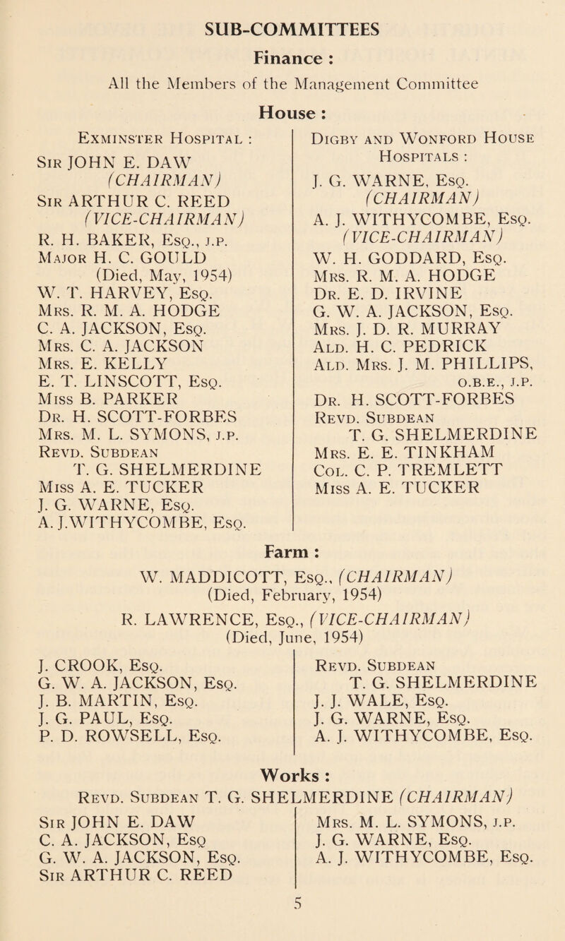 SUB-COMMITTEES Finance : All the Members of the Management Committee House : Exminster Hospital : Sir JOHN E. DAW (CHAIRMAN) Sir ARTHUR C. REED ( VICE-CHAIRMAN) R. H. BAKER, Esq., j.p. Major H. C. GOULD (Died, May, 1954) W. T. HARVEY, Esq. Mrs. R. M. A. HODGE C. A. JACKSON, Esq. Mrs. C. A. JACKSON Mrs. E. KELLY E. T. LINSCOTT, Esq. Miss B. PARKER Dr. H. SCOTT-FORBES Mrs. M. L. SYMONS, j.p. Revd. Subdean T. G. SHELMERDINE Miss A. E. TUCKER J. G. WARNE, Esq. A. J.WITHYCOMBE, Esq. Digby and Wonford House Hospitals : J. G. WARNE, Esq. (CHAIRMAN) A. J. WITHYCOMBE, Esq. (VICE-CHAIRMAN) W. H. GODDARD, Esq. Mrs. R. M. A. HODGE Dr. E. D. IRVINE G. W. A. JACKSON, Esq. Mrs. J. D. R. MURRAY Ald. H. C. PEDRICK Ald. Mrs. J. M. PHILLIPS, O.B.E., J.P. Dr. H. SCOTT-FORBES Revd. Subdean T. G. SHELMERDINE Mrs. E. E. TINKHAM Col. C. P. TREMLETT Miss A. E. TUCKER Farm : W. MADDICOTT, Esq., (CHAIRMAN) (Died, February, 1954) R. LAWRENCE, Esq., (VICE-CHAIRMAN) (Died, June, 1954) J. CROOK, Esq. G. W. A. JACKSON, Esq. J. B. MARTIN, Esq. J. G. PAUL, Esq. P. D. ROWSELL, Esq. Revd. Subdean T. G. SHELMERDINE J. J. WALE, Esq. J. G. WARNE, Esq. A. T. WITHYCOMBE, Esq. Works : Revd. Subdean T. G. SHELMERDINE (CHAIRMAN) Sir JOHN E. DAW C. A. JACKSON, Esq G. W. A. JACKSON, Esq. Sir ARTHUR C. REED Mrs. M. L. SYMONS, j.p. J. G. WARNE, Esq. A. J. WITHYCOMBE, Esq.