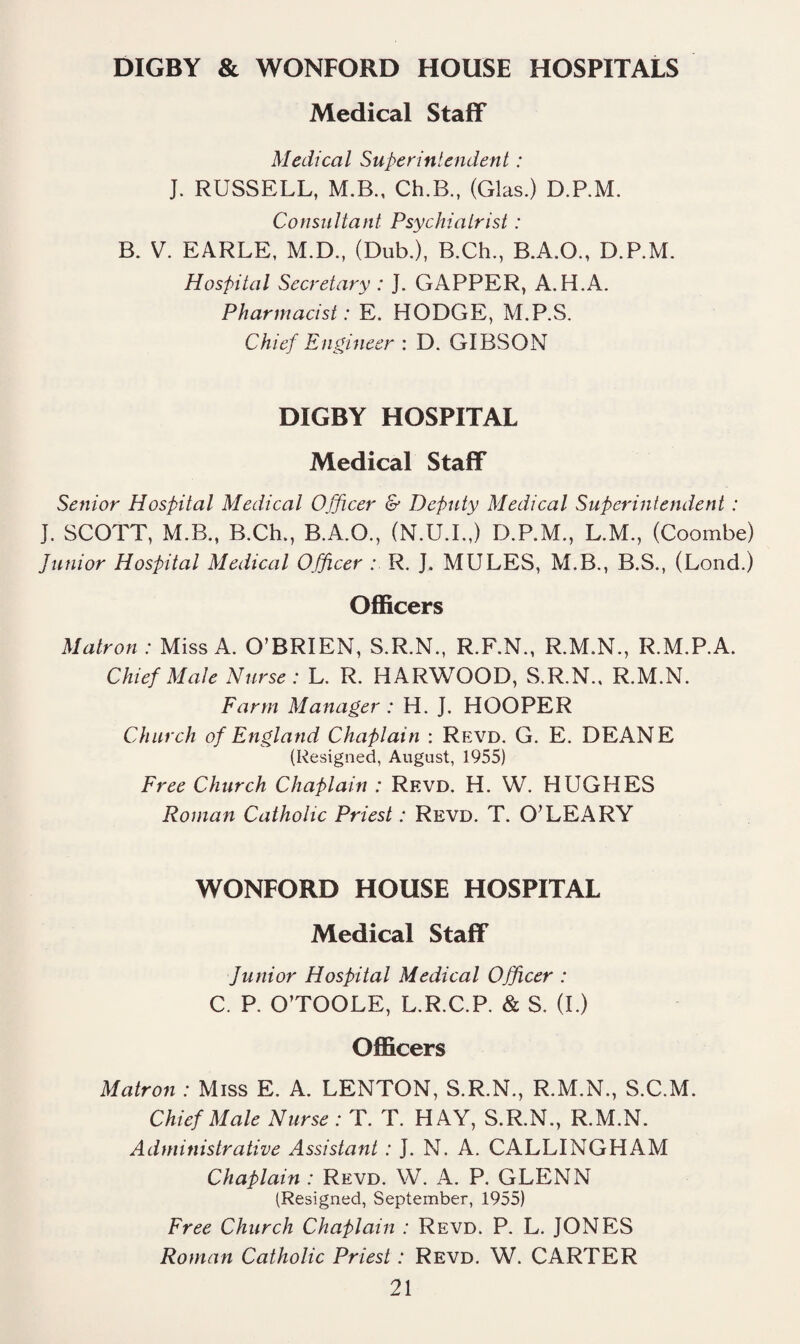DIGBY & WONFORD HOUSE HOSPITALS Medical Staff Medical Superintendent: J. RUSSELL, M.B., Ch.B., (Glas.) D.RM. Consultant Psychiatrist: B. V. EARLE, M.D., (Dub.), B.Ch., B.A.O., D.P.M. Hospital Secretary : J. GAPPER, A.H.A. Pharmacist: E. HODGE, M.P.S. Chief Engineer : D. GIBSOxNf DIGBY HOSPITAL Medical Staff Senior Hospital Medical Officer & Deputy Medical Superintendent : J. SCOTT, M.B., B.Ch., B.A.O., (N.U.I.,) D.P.M., L.M., (Coombe) Junior Hospital Medical Officer .* R. J. MULES, M.B., B.S., (Loud.) Ojfficers Matron: Miss A. O’BRIEN, S.R.N., R.F.N., R.M.N., R.M.P.A. Chief Male Nurse: L. R. HARWOOD, S.R.N., R.M.N. Farm Manager : H. J. HOOPER Church of England Chaplain : Revd. G. E. DEANE (Resigned, August, 1955) Free Church Chaplain : Rkvd. H. W. HUGHES Roman Catholic Priest: Revd. T. O’LEARY WONFORD HOUSE HOSPITAL Medical Staff Junior Hospital Medical Officer : C. P. O’TOOLE, L.R.C.P. & S. (L) Officers Matron : Miss E. A. LENTON, S.R.N., R.M.N., S.C.M. Chief Male Nurse : T. T. HAY, S.R.N., R.M.N. Administrative Assistant : J. N. A. CALLINGHAM Chaplain : Revd. W. A. P. GLENN (Resigned, September, 1955) Free Church Chaplain : Revd. P. L. JONES Roman Catholic Priest: Revd. W. CARTER