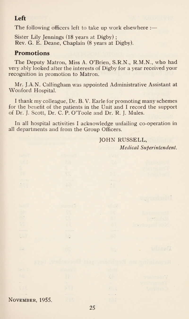 Left The following officers left to take up work elsewhere :— Sister Lilj^ Jennings (18 years at Digby) ; Rev. G. E. Deane, Chaplain (8 years at Digby). Promotions The Deputy Matron, Miss A. O’Brien, S.R.N., R.M.N., who had very ably looked after the interests of Digby for a year received your recognition in promotion to Matron. Mr. J.A.N. Callingham was appointed Administrative Assistant at Wonford Hospital. I thank my colleague, Dr. B. V. Earle for promoting many schemes for the benefit of the patients in the Unit and I record the support of Dr. J. Scott, Dr. C. P. O’Toole and Dr. R. J. Mules. In all hospital activities I acknowledge unfailing co-operation in all departments and from the Group Officers. JOHN RUSSELL, Medical Superintendent. November, 1955.