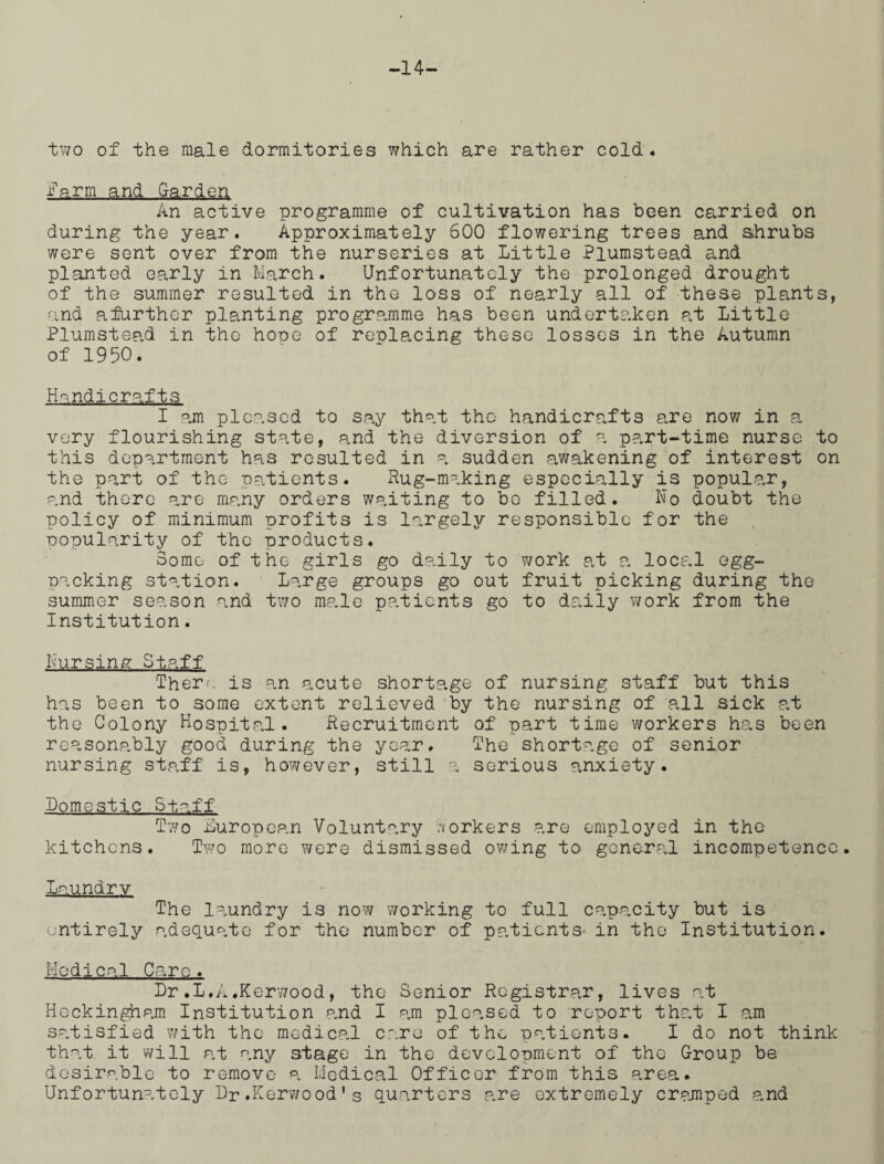 -14- two of the male dormitories which are rather cold. farm and Garden An active programme of cultivation has been carried on during the year. Approximately 600 flowering trees and shrubs were sent over from the nurseries at Little Plumstead and planted early in March. Unfortunately the prolonged drought of the summer resulted in the loss of nearly all of these plants, and afurther planting programme has been undertaken at Little Plumstead in the hope of replacing these losses in the Autumn of I960. Handicrafts I am pleased to say that the handicrafts are now in a very flourishing state, and the diversion of a part-time nurse to this department has resulted in a sudden awakening of interest on the part of the patients. Rug-making especially is popular, and there are many orders waiting to be filled. No doubt the policy of minimum profits is largely responsible for the popularity of the products. Some of the girls go daily to work at a local egg¬ packing station. Large groups go out fruit picking during the summer season and two male patients go to daily work from the Institution. Nursing Staff There is an acute shortage of nursing staff but this has been to some extent relieved by the nursing of all sick at the Colony Hospital. Recruitment of part time workers has been reasonably good during the year. The shortage of senior nursing staff is, however, still a serious anxiety. Domestic Staff Two European Voluntary workers are employed in the kitchens. Two more were dismissed owing to general incompetence. Laundry The laundry is now working to full capacity but is entirely adequate for the number of patients in the Institution. Medical Care . Dr .L.A.Kerwood, the Senior Registrar, lives at Heckingham Institution p.nd I am pleased to report that I am satisfied with the medical care of the patients. I do not think that it will at any stage in the development of the Group be desirable to remove a Medical Officer from this area. Unfortunately Dr.Kerwood*s quarters are extremely cramped and