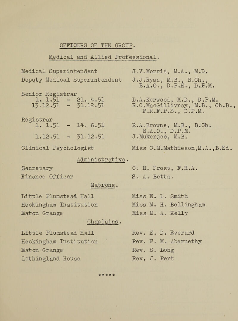 OFFICERS OF THE GROUP Medical and Allied Professional. Medical Superintendent Deputy Medical Superintendent Senior Registrar 1. 1.51 - 21. 4.51 15.12.51 - 31*12 *51 Registrar 1. 1.51 - 140 6.51 1.12.51 - 31;12o51 J.V.Morris, M.A., M.D. J.J.Ryan, M.B., B.Ch., B.A.O., D.P.H., D.P.M. L.A.Kerwood, M.D., D.P.M. R.C.MacGillivray, M.B., Ch.B F.R.F.P.S., D.P.M. R.A.Browne, M.B., B.Ch. B.A.O.j D.P.M. J.Mukerjee, M.B. Clinical Psychologist Administrative Secretary Finance Officer Matrons. Miss C.M.Mathieson,M.A.,B.Ed C. H. Frost, F.H.A. S. A. Betts. Little Plumstead Hall Miss E. L. Smith Heckingham Institution Miss M. H. Bellingham Eaton Grange Miss M. A. Kelly Chaplains. Little Plumstead Hall Rev. E. D. Everard Heckingham Institution Rev. W. M. Abernethy Eaton Grange Rev. S. Long Lothingland House Rev. J. Pert