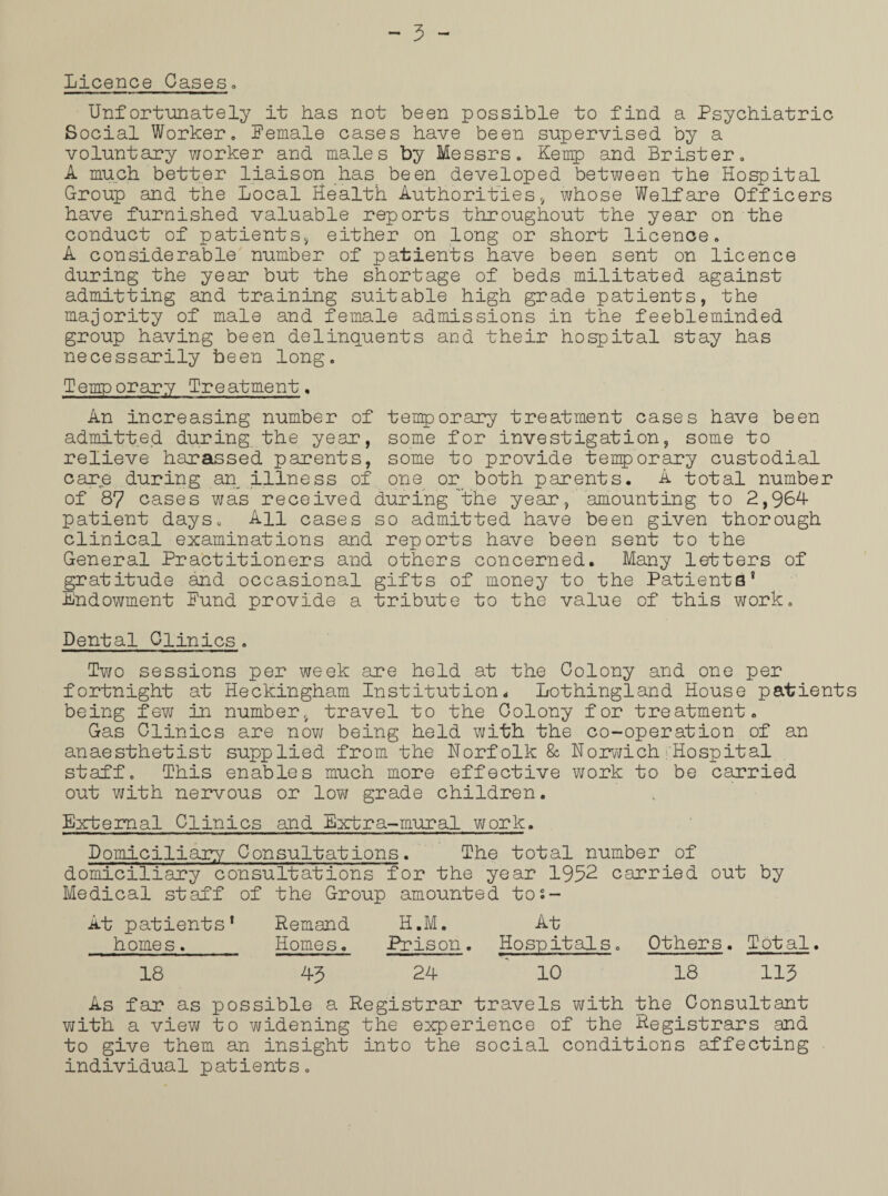 Licence Cases, Unfortunately it has not been possible to find a Psychiatric Social Worker. Pemale cases have been supervised by a voluntary worker and males by Messrs. Kemp and Brister. A much better liaison has been developed between the Hospital Group and the Local Health Authorities, whose Welfare Officers have furnished valuable reports throughout the year on the conduct of patients* either on long or short licence. A considerable number of patients have been sent on licence during the year but the shortage of beds militated against admitting and training suitable high grade patients, the majority of male and female admissions in the feebleminded group having been delinquents and their hospital stay has necessarily been long. Temporary Treatment. An increasing number of temporary treatment cases have been admitted during the year, some for investigation, some to relieve harassed parents, some to provide temporary custodial care during an illness of one or both parents. A total number of 87 cases was received during the year, amounting to 2,964 patient days. All cases so admitted have been given thorough clinical examinations and reports have been sent to the General Practitioners and others concerned. Many letters of gratitude and occasional gifts of money to the Patients’ Endowment Fund provide a tribute to the value of this work. Dental Clinics. Two sessions per week are held at the Colony and one per fortnight at Heckingham Institution. Lothingland House patients being few in number* travel to the Colony for treatment. Gas Clinics are now being held with the co-operation of an anaesthetist supplied from the Norfolk & Norwich Hospital staff. This enables much more effective work to be carried out with nervous or low grade children. External Clinics and Extra-mural work. Domiciliary Consultations. The total number of domiciliary consultations for the year 1932 carried out by Medical staff of the Group amounted tos- At patients’ Remand H.M. At homes. Homes. Prison. Hospitals. Others. Total. 18 43 24 ' 10 18 113 As far as possible a Registrar travels with the Consultant with a view to widening the experience of the Registrars and to give them an insight into the social conditions affecting individual patients.