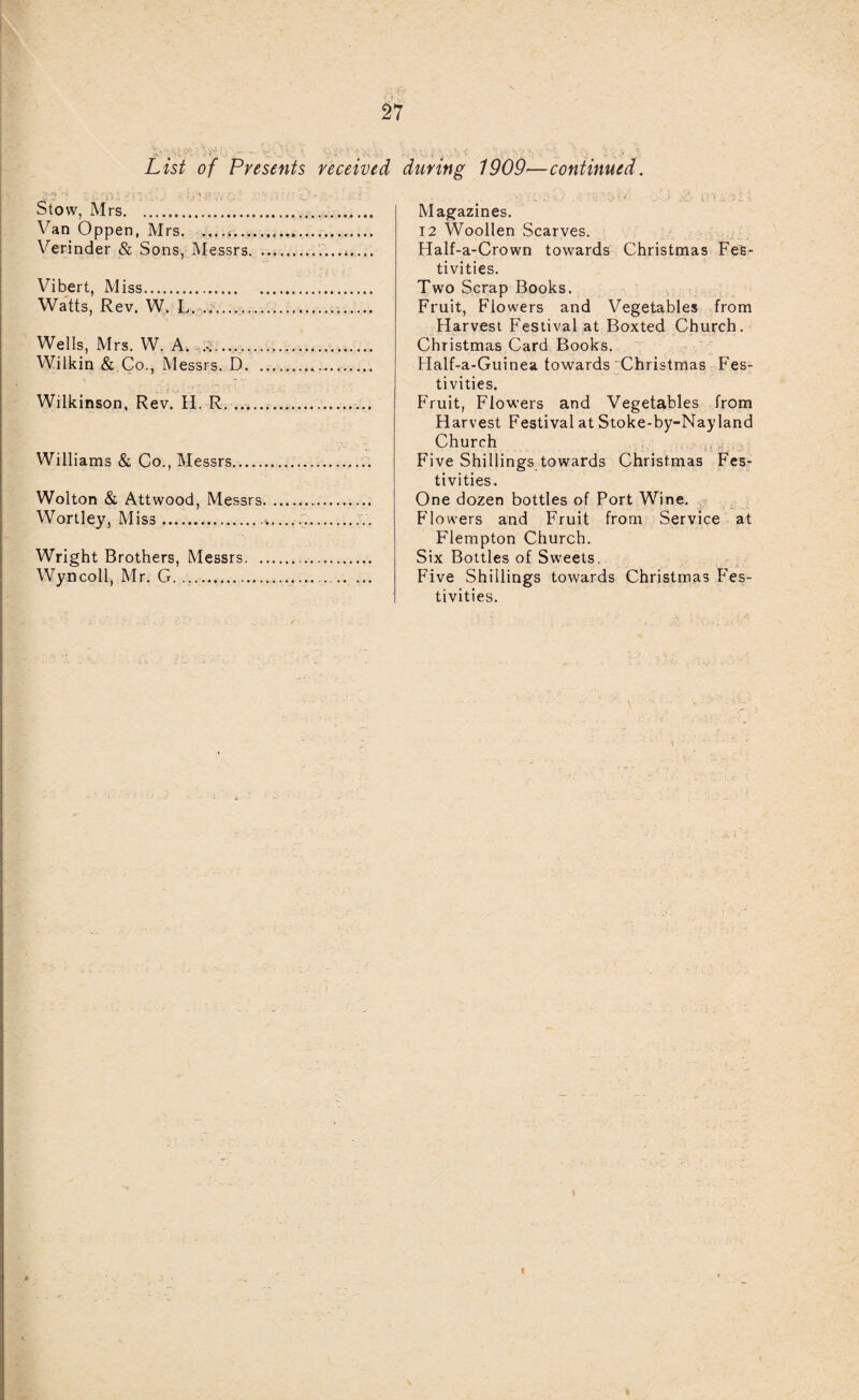 List of Presents received during 1909—continued. Stow, Mrs. Van Oppen, Mrs. ........ Verinder & Sons, Messrs Vibert, Miss. Watts, Rev. W. L. ........ Wells, Mrs. W. A. .. Wilkin & Co., Messrs. D. Wilkinson, Rev. II. R. ... Williams & Co., Messrs. Wolton & Attwood, Messrs. Wortley, Miss..-. Wright Brothers, Messrs. ., Wyncoll, Mr. G. ... Magazines. 12 Woollen Scarves. Half-a-Crown towards Christmas Fes¬ tivities. Two Scrap Books. Fruit, Flowers and Vegetables from Harvest Festival at Boxted Church. Christmas Card Books. Half-a-Guinea towards Christmas Fes¬ tivities. Fruit, Flowers and Vegetables from Harvest Festival at Stoke-by-Nayland Church Five Shillings towards Christmas Fes¬ tivities. One dozen bottles of Port Wrine. Flowers and Fruit from Service at Flempton Church. Six Bottles of Sweets. Five Shillings towards Christmas Fes¬ tivities. I