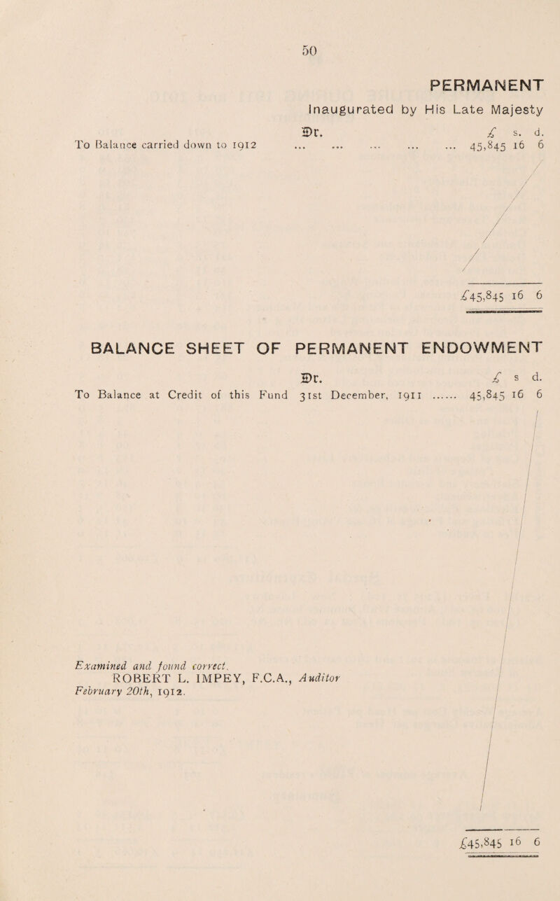 To Balance carried down to 1912 PERMANENT inaugurated by His Late Majesty £>r. £ s. d. ..45>845 16 6 A5>84$ 16 6 BALANCE SHEET OF PERMANENT ENDOWMENT 5>r. £ s d. To Balance at Credit of this Fund 31st December, 1911 . 45,845 16 6 Examined and found correct, ROBERT L. IMPEY, F.C.A., Auditor February 20th, 1912. £45,845 16 6