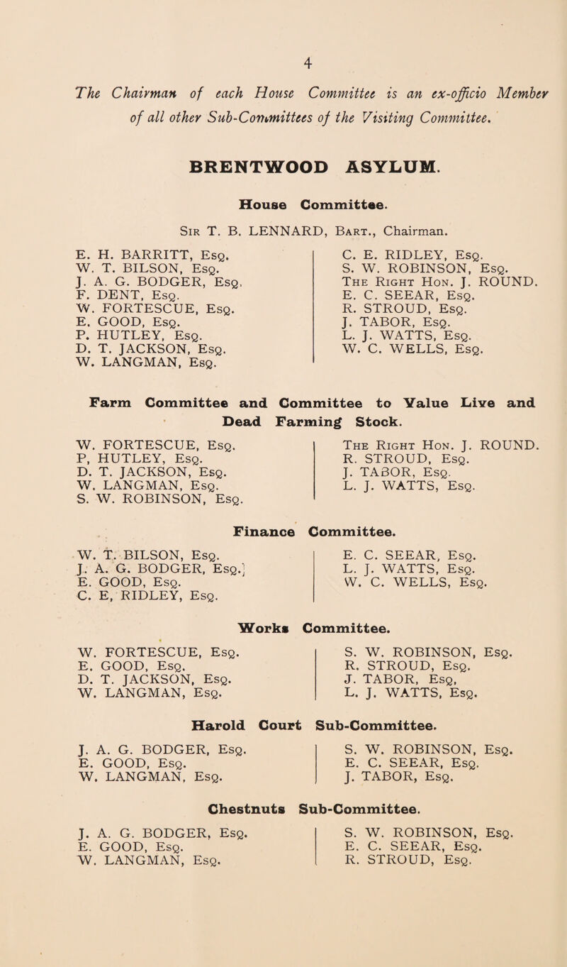 The Chairman of each House Committee is an ex-officio Member of all other Sub-Committees of the Visiting Committee. BRENTWOOD ASYLUM. House Committee. Sir T. B. LENNARD, Bart., Chairman. E. H. BARRITT, Esq. W. T. BILSON, Esq. J. A. G. BODGER, Esq. F. DENT, Esq. W. FORTESCUE, Esq. E. GOOD, Esq. P. HUTLEY, Esq. D. T. JACKSON, Esq. W. LANGMAN, Esq. C. E. RIDLEY, Esq. S. W. ROBINSON, Esq. The Right Hon. J. ROUND. E. C. SEEAR, Esq. R. STROUD, Esq. J. TABOR, Esq. L. J. WATTS, Esq. W. C. WELLS, Esq. Farm Committee and Committee to Value Live and Dead Farming Stock. W. FORTESCUE, Esq. P, HUTLEY, Esq. D. T. JACKSON, Esq. W. LANGMAN, Esq. S. W. ROBINSON, Esq. Finance W. T. BILSON, Esq. J. A. G. BODGER, Esq.] E. GOOD, Esq. C. E, RIDLEY, Esq. The Right Hon. J. ROUND. R. STROUD, Esq. J. TABOR, Esq. L. J. WATTS, Esq. Committee. E. C. SEEAR, Esq. L. J. WATTS, Esq. W. C. WELLS, Esq. Works W. FORTESCUE, Esq. E. GOOD, Esq. D. T. JACKSON, Esq. W. LANGMAN, Esq. Committee. S. W. ROBINSON, Esq. R. STROUD, Esq. J. TABOR, Esq, L. J. WATTS, Esq. Harold Court Sub-Committee. J. A. G. BODGER, Esq. E. GOOD, Esq. W. LANGMAN, Esq. Chestnuts J. A. G. BODGER, Esq. E. GOOD, Esq. W. LANGMAN, Esq. S. W. ROBINSON, Esq. E. C. SEEAR, Esq. J. TABOR, Esq. Sub-Committee. S. W. ROBINSON, Esq. E. C. SEEAR, Esq. R. STROUD, Esq.