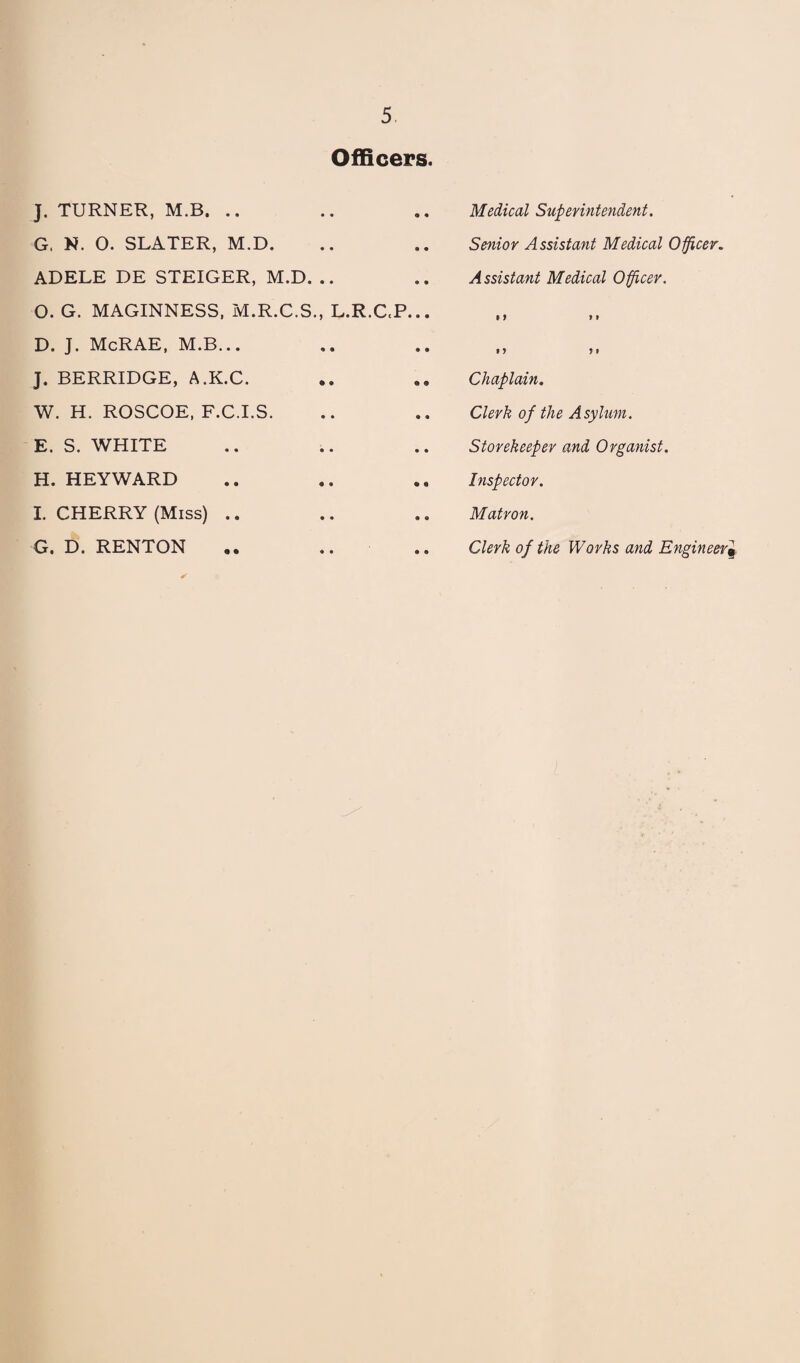 Officers. J. TURNER, M.B. .. G. N. 0. SLATER, M.D. ADELE DE STEIGER, M.D. .. O. G. MAGINNESS, M.R.C.S., L.R.CP. D. J. McRAE, M.B... J. BERRIDGE, A.K.C. W. H. ROSCOE, F.C.I.S. E. S. WHITE H. HEYWARD I. CHERRY (Miss) G. D. RENTON Medical Superintendent. Senior Assistant Medical Officer. Assistant Medical Officer. 9 f t t 9 f ft Chaplain. Clerk of the Asylum. Storekeeper and Organist. Inspector. Matron. Clerk of the Works and Engineer$