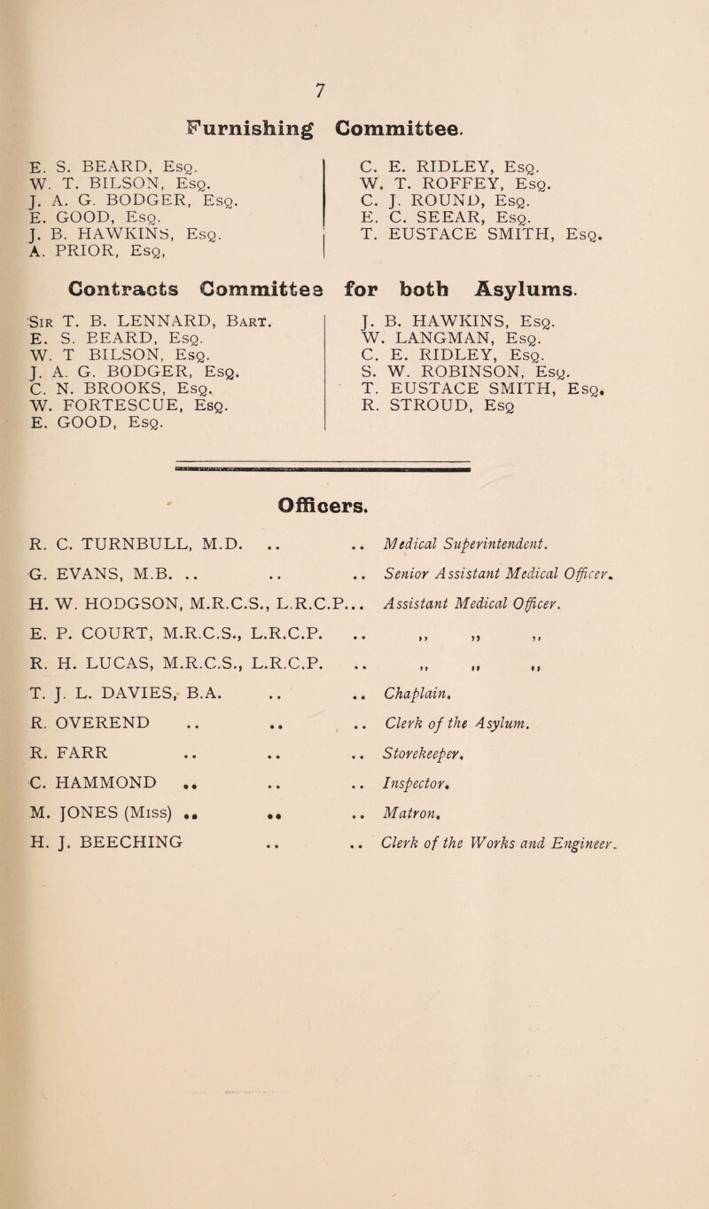 Furnishing Committee. E. S. BEARD, Esq. W. T. BILSON, Esq. J. A. G. BODGER, Esq. E. GOOD, Esq. J. B. HAWKINS, Esq. A. PRIOR, Esq, Contracts Committee Sir T. B. LENNARD, Bart. E. S. BEARD, Esq. W. T BILSON, Esq. J. A. G. BODGER, Esq. C. N. BROOKS, Esq. W. FORTESCUE, Esq. E. GOOD, Esq. C. E. RIDLEY, Esq. W. T. ROFFEY, Esq. C. J. ROUND, Esq. E. C. SEEAR, Esq. T. EUSTACE SMITH, Esq. for both Asylums. J. B. HAWKINS, Esq. W. LANGMAN, Esq. C. E. RIDLEY, Esq. S. W. ROBINSON, Esq. T. EUSTACE SMITH, Esq. R. STROUD, Esq Officers. R. C. TURNBULL, M.D. .. G. EVANS, M.B. .. H. W. HODGSON, M.R.C.S., L.R.C.P... E. P. COURT, M.R.C.S., L.R.C.P. R. H. LUCAS, M.R.C.S., L.R.C.P. T. J. L. DAVIES, B.A. R. OVEREND R. FARR C. HAMMOND .. M. JONES (Miss) .. H. J. BEECHING Medical Superintendent. Senior Assistant Medical Officer. Assistant Medical Officer. if 5) 5 > >» if ») Chaplain. Clerk of the Asylum. Storekeeper. Inspector. Matron. Clerk of the Works and Engineer..