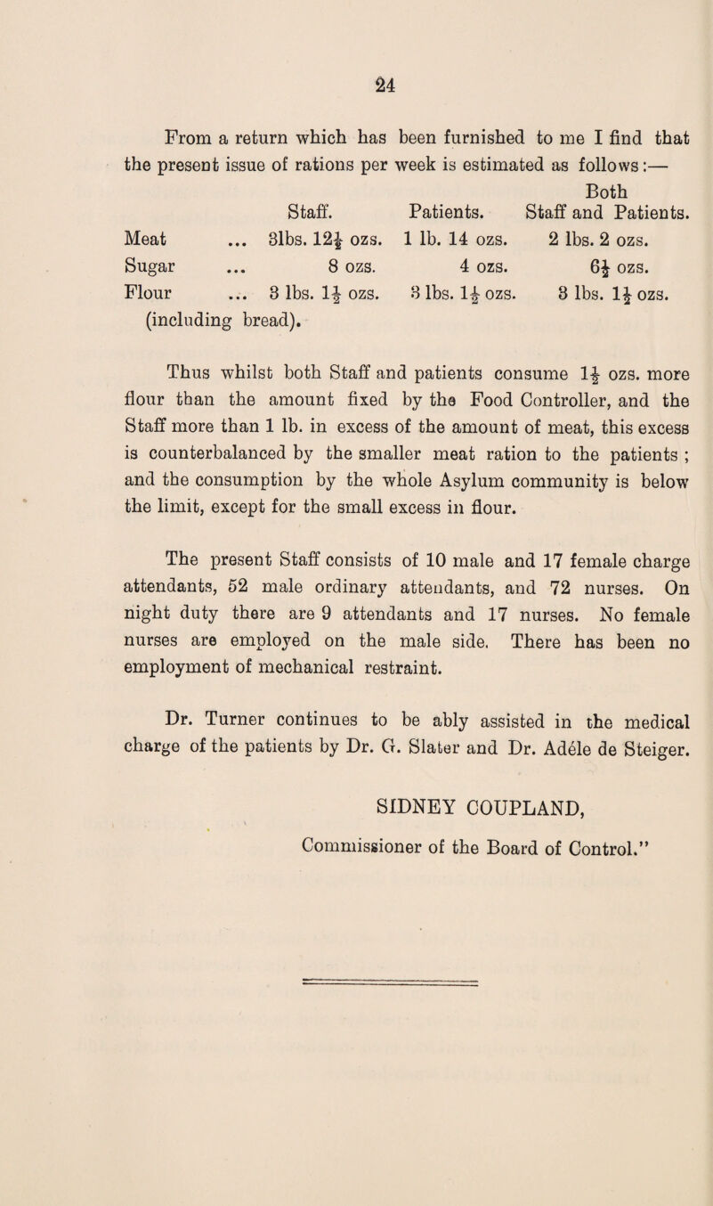 From a return which has been furnished to me I find that the present issue of rations per week is estimated as follows:— Staff. Meat ... 3lbs. 12^ ozs. Sugar ... 8 ozs. Flour ... 8 lbs. ozs. (including bread). Patients. 1 lb. 14 ozs. 4 ozs. 8 lbs. 1j- ozs. Both Staff and Patients. 2 lbs. 2 ozs. 6J ozs. 3 lbs. ozs. Thus whilst both Staff and patients consume 1-| ozs. more flour than the amount fixed by the Food Controller, and the Staff more than 1 lb. in excess of the amount of meat, this excess is counterbalanced by the smaller meat ration to the patients ; and the consumption by the whole Asylum community is below the limit, except for the small excess in flour. The present Staff consists of 10 male and 17 female charge attendants, 52 male ordinary attendants, and 72 nurses. On night duty there are 9 attendants and 17 nurses. No female nurses are employed on the male side. There has been no employment of mechanical restraint. Dr. Turner continues to be ably assisted in the medical charge of the patients by Dr. G. Slater and Dr. Adele de Steiger. SIDNEY COUPLAND, Commissioner of the Board of Control.”