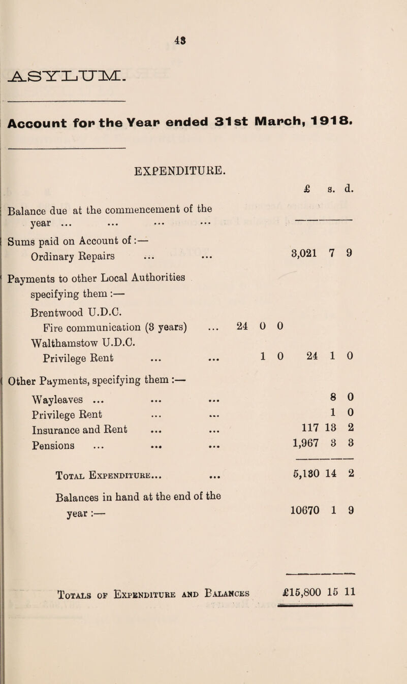 48 ^SyLTT:M:. Account for the Yean ended 31st i EXPENDITURE. Balance due at the commencement of the year ... ... •*• ••• i Sums paid on Account of:— Ordinary Repairs ' Payments to other Local Authorities specifying them:— Brentwood U.D.C. Fire communication (8 years) ... 24 Walthamstow U.D.C. Privilege Rent < Other Payments, specifying them :— \\ ay leaves ... ••• ••• Privilege Rent Insurance and Rent Pensions Total Expenditure... Balances in hand at the end of the year :— March, 1918. £ s. d. 8,021 7 9 0 0 10 24 1 0 8 0 1 0 117 18 2 1,967 8 8 5,130 14 2 10670 1 9