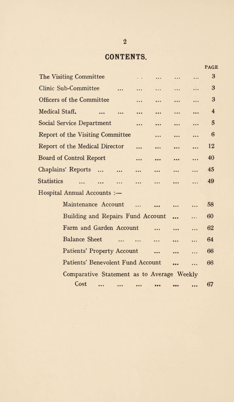 CONTENTS. PAGE The Visiting Committee . 3 Clinic Sub-Committee ... ... ... ... ... 3 Officers of the Committee . 3 Medical Staff. 4 Social Service Department 5 Report of the Visiting Committee 6 Report of the Medical Director . 12 Board of Control Report 40 Chaplains' Reports. 45 Statistics ... ... ... ... ... ... ... 49 Hospital Annual Accounts :— Maintenance Account . 58 Building and Repairs Fund Account . 60 Farm and Garden Account . 62 Balance Sheet . 64 Patients’ Property Account . 66 Patients’ Benevolent Fund Account . 66 Comparative Statement as to Average Weekly Oosf ... ... ... ... ... ... 67