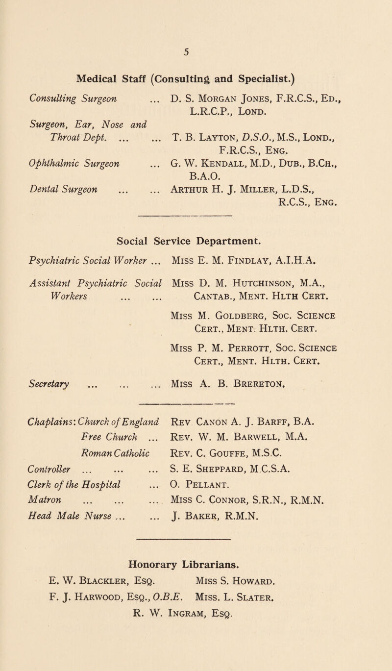 Medical Staff (Consulting and Specialist.) Consulting Surgeon Surgeon, Ear, iVose Throat Dept. Ophthalmic Surgeon Dental Surgeon D. S. Morgan Jones, F.R.C.S., Ed., L.R.C.P., Lond. T. B. Layton, D.S.O., M.S., Lond., F.R.C.S., Eng. G. W. Kendall, M.D., Dub., B.Ch., B.A.O. Arthur H. J. Miller, L.D.S., R.C.S., Eng. Social Service Department. Psychiatric Social Worker ... Miss E. M. Findlay, A.I.HA. Assistant Psychiatric Social Miss D. M. Hutchinson, M.A., Workers . Cantab., Ment. Hlth Cert. Miss M. Goldberg, Soc. Science Cert., Ment. Hlth. Cert. Miss P. M. Perrott, Soc. Science Cert., Ment. Hlth. Cert. Secretary .Miss A. B. Brereton. Chaplains: Church of England Free Church ... Roman Catholic Controller ... Clerk of the Hospital Matron . Head Male Nurse ... Rev Canon A. J. Barff, B.A. Rev. W. M. Barwell, M.A. Rev. C. Gouffe, M.S.C. S. E. Sheppard, M.C.S.A. O. Pellant. Miss C. Connor, S.R.N., R.M.N. J. Baker, R.M.N. Honorary Librarians. E. W. Blackler, Esq. Miss S. Howard. F. J. Harwood, Esq., O.B.E. Miss. L. Slater. R. W. Ingram, Esq.