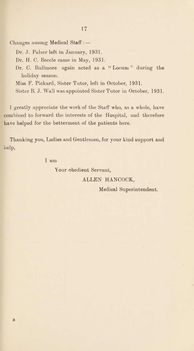 Changes among Medical Staff: — Dr. J. Palser left in January, 1931. Dr. H. C. Beccle came in May, 1931. Dr. C. Bullmore again acted as a “ Locum ” during the holiday season. Miss F. Pickard, Sister Tutor, left in October, 1931. Sister B. J. Wall was appointed Sister Tutor in October, 1931. I greatly appreciate the work of the Staff who, as a whole, have combined to forward the interests of the Hospital, and therefore have helped for the betterment of the patients here. Thanking you, Ladies and Gentlemen, for your kind support and help, I am Your obedient Servant, ALLEN HANCOCK, Medical Superintendent. B