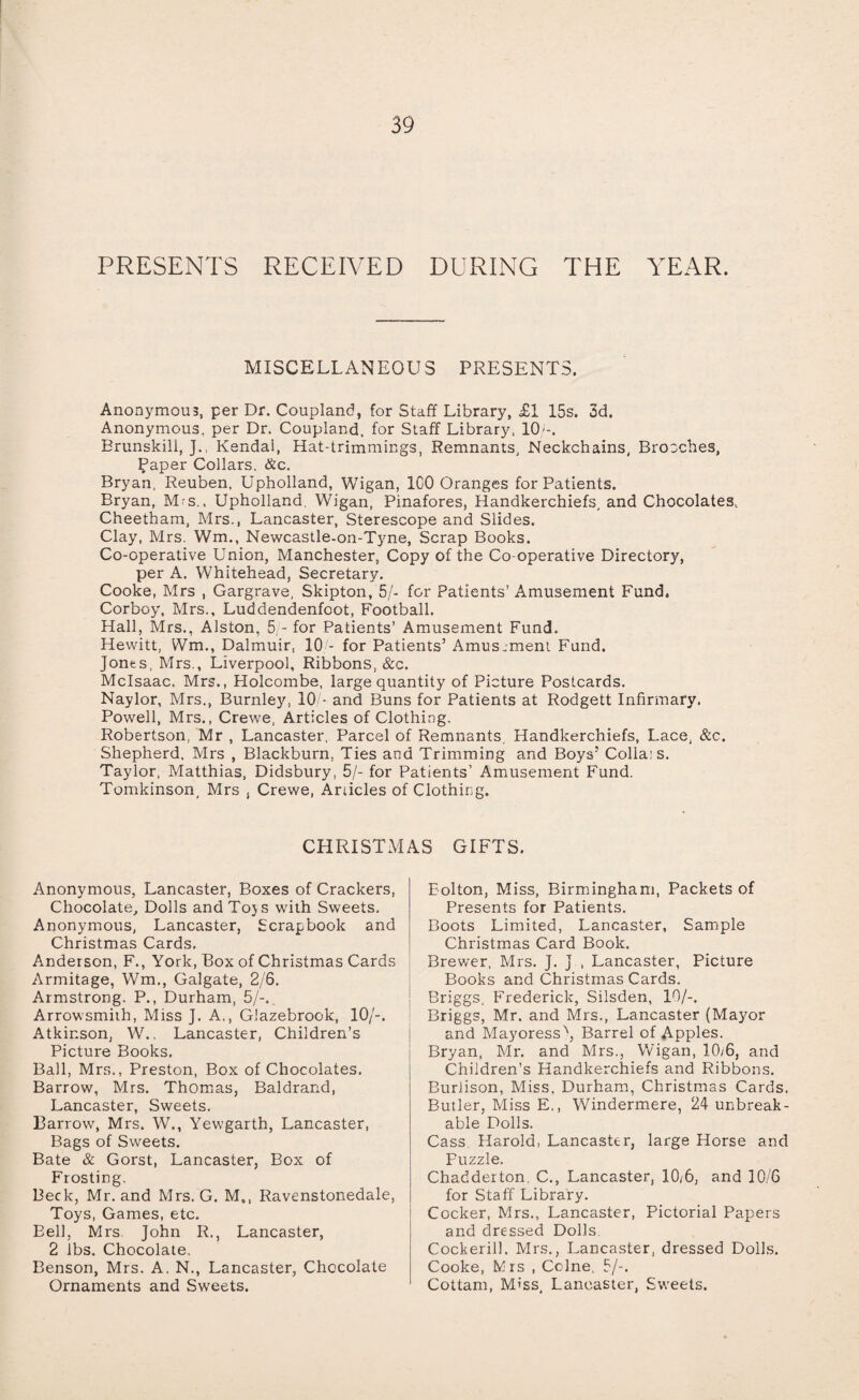 PRESENTS RECEIVED DURING THE YEAR. MISCELLANEOUS PRESENTS. Anonymous, per Dr. Coupland, for Staff Library, £1 15s. 3d. Anonymous, per Dr. Coupland, for Staff Library, 10/-. Brunskill, J., Kendal, Hat-trimmings, Remnants, Neckchains, Broaches, Paper Collars, &c. Bryan, Reuben, Upholland, Wigan, ICO Oranges for Patients. Bryan, M-s., Upholland, Wigan, Pinafores, Handkerchiefs, and Chocolates. Cheetham, Mrs., Lancaster, Sterescope and Slides. Clay, Mrs. Wm., Newcastle-on-Tyne, Scrap Books. Co-operative Union, Manchester, Copy of the Co-operative Directory, per A. Whitehead, Secretary. Cooke, Mrs , Gargrave, Skipton, 5/- for Patients’ Amusement Fund. Corboy, Mrs., Luddendenfoot, Football. Hall, Mrs., Alston, 5/- for Patients’ Amusement Fund. Hewitt, Wm., Dalmuir, 10/- for Patients’ Amus.ment Fund. Jones, Mrs., Liverpool, Ribbons, &c. Mclsaac. Mrs., Holcombe, large quantity of Picture Postcards. Naylor, Mrs., Burnley, 10/- and Buns for Patients at Rodgett Infirmary. Powell, Mrs., Crewe, Articles of Clothing. Robertson, Mr , Lancaster, Parcel of Remnants. Handkerchiefs, Lace, &c. Shepherd. Mrs , Blackburn, Ties and Trimming and Boys’ Colla:s. Taylor, Matthias, Didsbury, 5/- for Patients’ Amusement Fund. Tomkinson, Mrs , Crewe, Articles of Clothing. CHRISTMAS GIFTS. Anonymous, Lancaster, Boxes of Crackers, Chocolate, Dolls andToj s with Sweets. Anonymous, Lancaster, Scrapbook and Christmas Cards. Anderson, F., York, Box of Christmas Cards Armitage, Wm., Galgate, 2/6. Armstrong. P., Durham, 5/-.. Arrowsmith, Miss J. A., Glazebrook, 10/-. Atkinson, W.. Lancaster, Children’s Picture Books. Ball, Mrs., Preston, Box of Chocolates. Barrow, Mrs. Thomas, Baldrand, Lancaster, Sweets. Barrow, Mrs. W., Yewgarth, Lancaster, Bags of Sweets. Bate & Gorst, Lancaster, Box of Frosting. Beck, Mr. and Mrs. G. M„ Ravenstonedale, Toys, Games, etc. Bell, Mrs John R., Lancaster, 2 lbs. Chocolate, Benson, Mrs. A. N., Lancaster, Chocolate Ornaments and Sweets. Bolton, Miss, Birmingham, Packets of Presents for Patients. Boots Limited, Lancaster, Sample Christmas Card Book. Brewer, Mrs. J. J , Lancaster, Picture Books and Christmas Cards. Briggs, Frederick, Silsden, 10/-. Briggs, Mr. and Mrs., Lancaster (Mayor and Mayoress^, Barrel of Apples. Bryan, Mr. and Mrs., Wigan, 10/6, and Children’s Handkerchiefs and Ribbons. Burlison, Miss, Durham, Christmas Cards. Butler, Miss E., Windermere, 24 unbreak¬ able Dolls. Cass Harold, Lancaster, large Horse and Puzzle. Chadderton. C., Lancaster, 10/6, and 10/6 for Staff Library. Cocker, Mrs., Lancaster, Pictorial Papers and dressed Dolls. Cockerill. Mrs., Lancaster, dressed Dolls. Cooke, Mrs , Cclne, 5/-. Cottam, M?ss, Lancaster, Sweets.