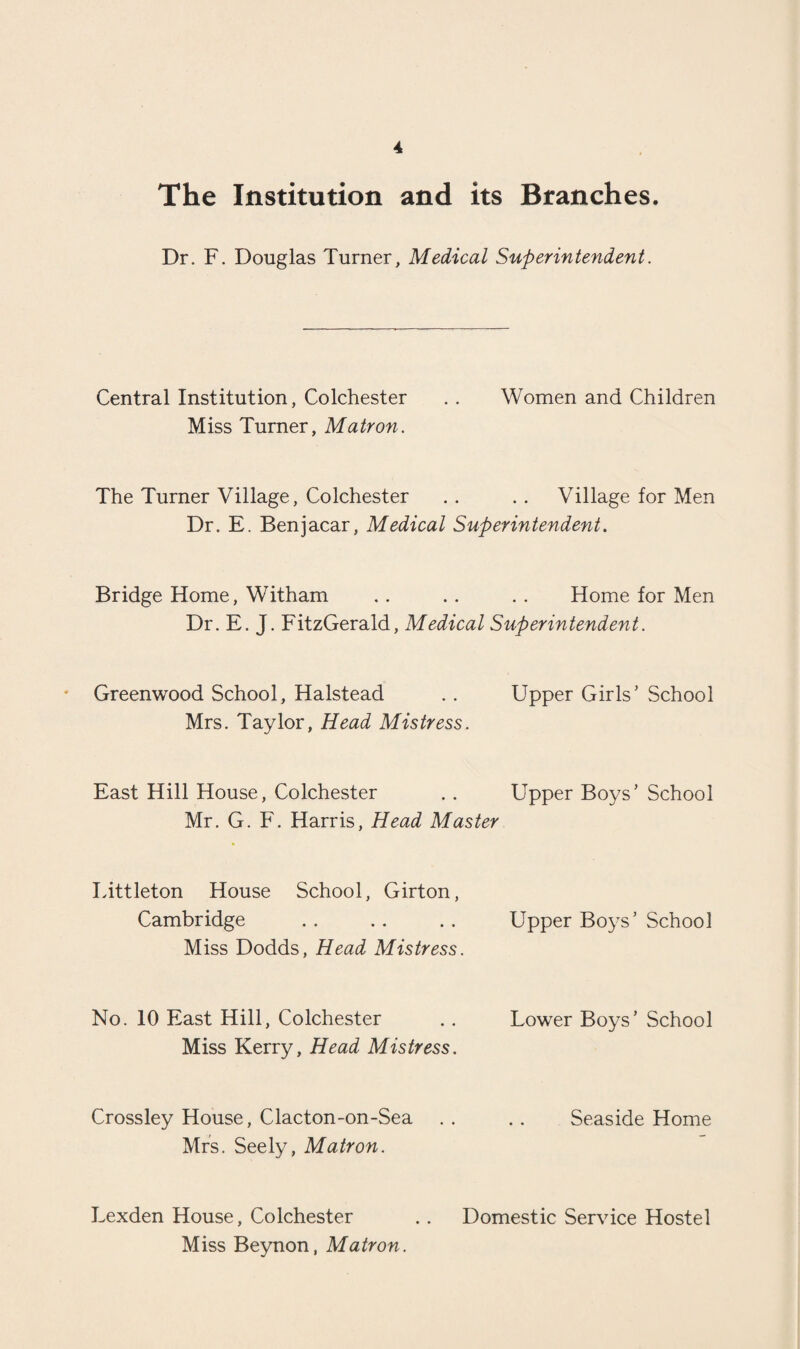 The Institution and its Branches. Dr. F. Douglas Turner, Medical Superintendent. Central Institution, Colchester . . Women and Children Miss Turner, Matron. The Turner Village, Colchester . . . . Village for Men Dr. E. Benjacar, Medical Superintendent. Bridge Home, Witham .. .. .. Home for Men Dr. E. J. FitzGerald, Medical Superintendent. Greenwood School, Halstead .. Upper Girls’ School Mrs. Taylor, Head Mistress. East Hill House, Colchester . . Upper Boys’ School Mr. G. F. Harris, Head Master Littleton House School, Girton, Cambridge .. .. . . Upper Boys’ School Miss Dodds, Head Mistress. No. 10 East Hill, Colchester .. Lower Boys’ School Miss Kerry, Head Mistress. Crossley House, Clacton-on-Sea . . .. Seaside Home Mrs. Seely, Matron. Lexden House, Colchester .. Domestic Service Hostel Miss Beynon, Matron.