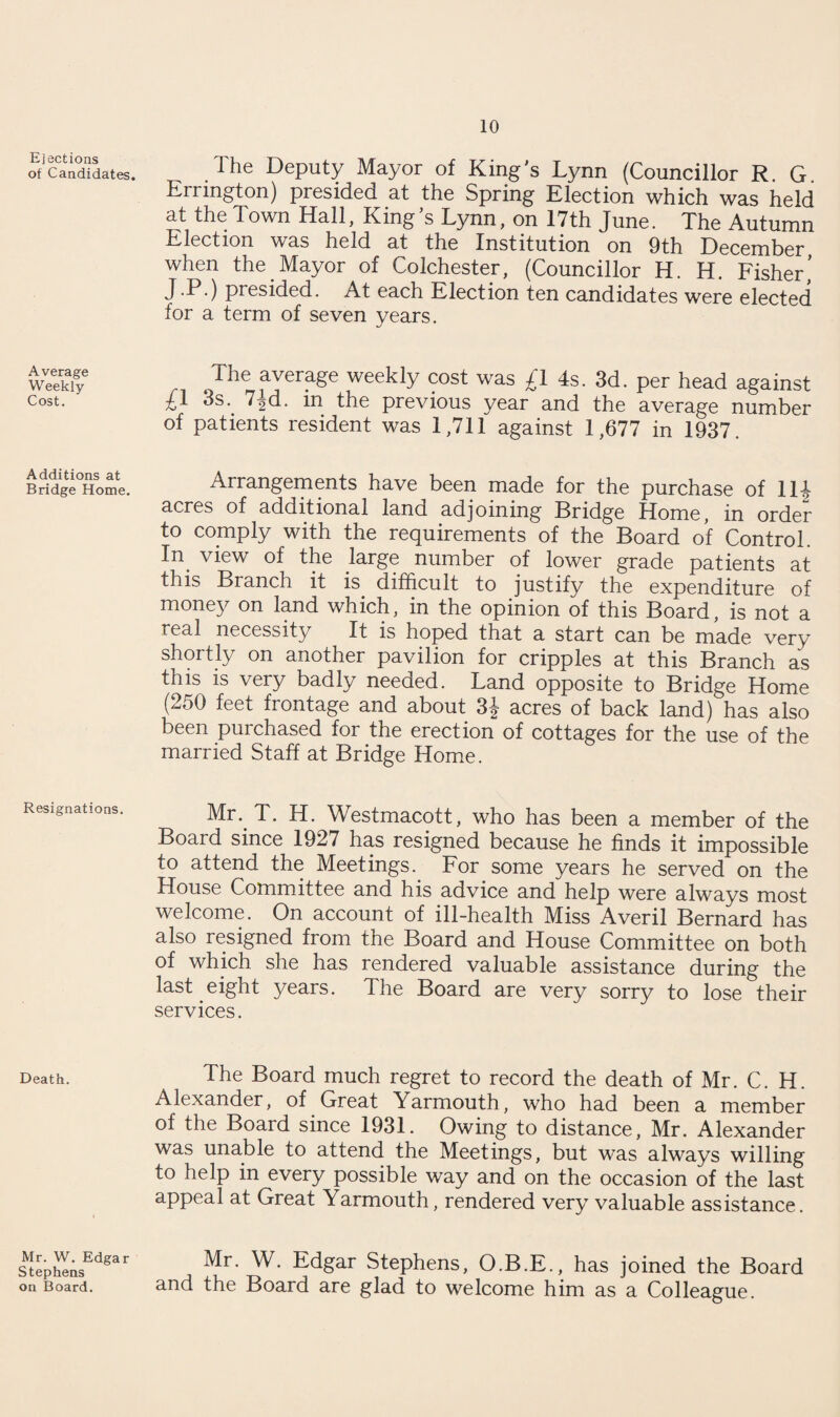 Ej actions of Candidates. Average Weekly- Cost. Additions at Bridge Home. Resignations. Death. Mr. W. Edgar Stephens on Board. The Deputy Mayor of King's Lynn (Councillor R. G Errmgton) presided at the Spring Election which was held at the Town Hall, King’s Lynn, on 17th June. The Autumn Election was held at the Institution on 9th December when the_Mayor of Colchester, (Councillor H. H. Fisher’ J.P.) presided. At each Election ten candidates were elected for a term of seven years. The average weekly cost was ^1 4s. 3d. per head against £1 3s. 7|d. in the previous year and the average number of patients resident was 1,711 against 1,677 in 1937. Arrangements have been made for the purchase of 114 acres of additional land adjoining Bridge Home, in order to comply with the requirements of the Board of Control. In view of the large number of lower grade patients at this Branch it is difficult to justify the expenditure of money on land which, in the opinion of this Board, is not a real necessity It is hoped that a start can be made very shortly on another pavilion for cripples at this Branch as this is very badly needed. Land opposite to Bridge Home (250 feet frontage and about 3J acres of back land) has also been purchased for the erection of cottages for the use of the married Staff at Bridge Home. Mr. T. H. Westmacott, who has been a member of the Board since 1927 has resigned because he finds it impossible to attend the Meetings. For some years he served on the House Committee and his advice and help were always most welcome. On account of ill-health Miss Averil Bernard has also resigned from the Board and House Committee on both of which she has rendered valuable assistance during the last eight years. The Board are very sorry to lose their services. The Board much regret to record the death of Mr. C. H. Alexander, of Great Yarmouth, who had been a member of the Board since 1931. Owing to distance, Mr. Alexander was unable to attend the Meetings, but was always willing to help in every possible way and on the occasion of the last appeal at Great Yarmouth, rendered very valuable assistance. Mr. W. Edgar Stephens, O.B.E., has joined the Board and the Board are glad to welcome him as a Colleague.