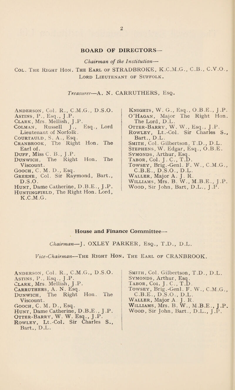 BOARD OF DIRECTORS— Chairman of the Institution—* Col. The Right Hon. The Earl of STRADBROKE, K.C.M.G., C.B., C.V.Q., Lord Lieutenant of Suffolk. Treasurer—A. N. CARRUTHERS, Esq. Anderson, Col. R., C.M.G., D.S.O. Astins, P., Esq., J.P. Clark, Mrs. Mellish, J.P. Colman , Russell J ., Esq., Lord Lieutenant of Norfolk. Courtauld, S. A., Esq. Cranbrook, The Right Hon. The Earl of. Duff, Miss C. B., J.P. Dunwich, The Right Hon. The Viscount. Gooch, C. M. D., Esq. Greene, Col. Sir Raymond, Bart., D.S.O. Hunt, Dame Catherine, D.B.E., J.P. Huntingfield , The Right Hon. Lord, K.C.M.G. Knights, W. G., Esq., O .B .E., J.P. O’Hagan, Major The Right Hon. The Lord, D.L. Otter-Barry, W. W., Esq., J.P. Rowley, Lt.-Col. Sir Charles S., Bart., D.L. Smith, Col. Gilbertson, T.D., D.L. Stephens, W. Edgar, Esq., O.B.E. Symonds, Arthur, Esq. Tabor, Col. J. C., T.D. Towsey, Brig.-Genl. F. W., C.M.G., C.B.E., D.S.O., D.L. Waller, Major A. J. R. Williams, Mrs. B. W., M.B.E., J.P. Wood, Sir John, Bart, D.L., J.P. House and Finance Committee— Chairman—J. OXLEY PARKER, Esq., T.D., D.L. Vice-Chairman—The Right Hon. The Earl of CRANBROOK. Anderson, Col. R., C.M.G., D.S.O. Astins, P., Esq., J .P. Clark, Mrs. Mellish, J.P. Carruthers, A. N. Esq. Dunwich, The Right Hon. The Viscount. Gooch, C. M. D., Esq. Hunt, Dame Catherine, D.B.E., J.P. Otter-Barry, W. W. Esq., J.P. Rowley, Lt.-Col. Sir Charles S., Bart., D.L. Smith, Col. Gilbertson, T.D., D.L. Symonds, Arthur, Esq. Tabor, Coi. J . C., T.D. Towsey, Brig.-Genl. F. W., C.M.G., C.B.E., D.S.O., D.L. Waller, Major A J. R. Williams, Mrs. B. W., M.B.E., J.P. Wood, Sir John, Bart., D.L., J.P.