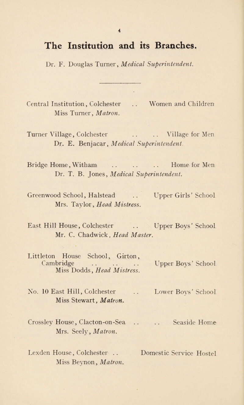 The Institution and its Branches. Dr. F. Douglas Turner, Medical Superintendent. Central Institution, Colchester . . Women and Children Miss Turner, Matron. Turner Village, Colchester . . . . Village for Men Dr. E. Benjacar, Medical Superintendent. Bridge Home, With am . . . . . . Home for Men Dr. T. B. Jones, Medical Superintendent. Greenwood School, Halstead . . Upper Girls’ School Mrs. Taylor, Head Mistress. East Hill House, Colchester .. Upper Boys’ School Mr. C. Chadwick, Head Master. Littleton House School, Girton, Cambridge . . . . . . Upper Boys’ School Miss Dodds, Head Mistress. No. 10 East Hill, Colchester . . Lower Boys’ School Miss Stewart, Matron. Crossle}/ House, Clacton-on-Sea . . . . Seaside Home Mrs. Seely, Matron. Lexden House, Colchester . . Miss Beynon, Matron. Domestic Service Hostel