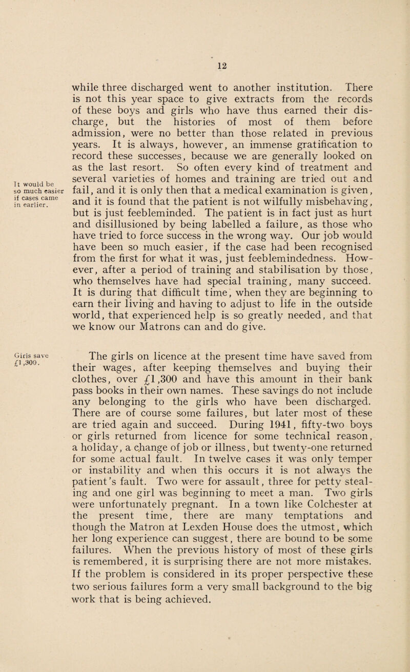 It would be so much easier if cases came in earlier. Girls save £1,300. while three discharged went to another institution. There is not this year space to give extracts from the records of these boys and girls who have thus earned their dis¬ charge, but the histories of most of them before admission, were no better than those related in previous years. It is always, however, an immense gratification to record these successes, because we are generally looked on as the last resort. So often every kind of treatment and several varieties of homes and training are tried out and fail, and it is only then that a medical examination is given, and it is found that the patient is not wilfully misbehaving, but is just feebleminded. The patient is in fact just as hurt and disillusioned by being labelled a failure, as those who have tried to force success in the wrong way. Our job would have been so much easier, if the case had been recognised from the first for what it was, just feeblemindedness. How¬ ever, after a period of training and stabilisation by those, who themselves have had special training, many succeed. It is during that difficult time, when they are beginning to earn their living and having to adjust to life in the outside world, that experienced help is so greatly needed, and that we know our Matrons can and do give. The girls on licence at the present time have saved from their wages, after keeping themselves and buying their clothes, over -£1,300 and have this amount in their bank pass books in their own names. These savings do not include any belonging to the girls who have been discharged. There are of course some failures, but later most of these are tried again and succeed. During 1941, fifty-two boys or girls returned from licence for some technical reason, a holiday, a c.hange of job or illness, but twenty-one returned for some actual fault. In twelve cases it was only temper or instability and when this occurs it is not always the patient’s fault. Two were for assault, three for petty steal¬ ing and one girl was beginning to meet a man. Two girls were unfortunately pregnant. In a town like Colchester at the present time, there are many temptations and though the Matron at Lexden House does the utmost, which her long experience can suggest, there are bound to be some failures. When the previous history of most of these girls is remembered, it is surprising there are not more mistakes. If the problem is considered in its proper perspective these two serious failures form a very small background to the big work that is being achieved.