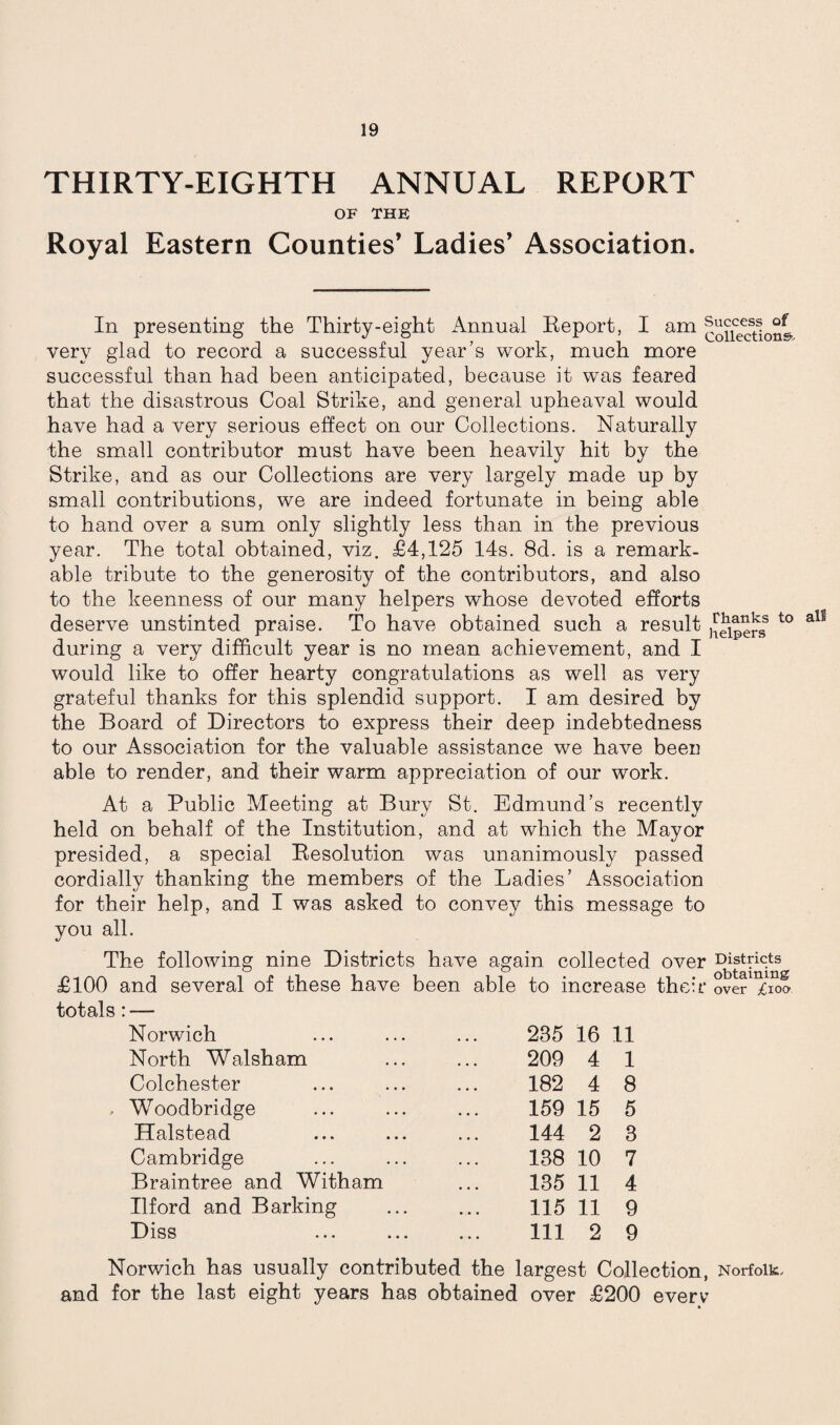 THIRTY-EIGHTH ANNUAL REPORT OF THE Royal Eastern Counties’ Ladies’ Association. In presenting the Thirty-eight Annual Beport, I am |£cces^oof very glad to record a successful year’s work, much more successful than had been anticipated, because it was feared that the disastrous Coal Strike, and general upheaval would have had a very serious effect on our Collections. Naturally the small contributor must have been heavily hit by the Strike, and as our Collections are very largely made up by small contributions, we are indeed fortunate in being able to hand over a sum only slightly less than in the previous year. The total obtained, viz. £4,125 14s. 8d. is a remark¬ able tribute to the generosity of the contributors, and also to the keenness of our many helpers whose devoted efforts deserve unstinted praise. To have obtained such a result t0 alS during a very difficult year is no mean achievement, and I would like to offer hearty congratulations as well as very grateful thanks for this splendid support. I am desired by the Board of Directors to express their deep indebtedness to our Association for the valuable assistance we have beeu able to render, and their warm appreciation of our work. At a Public Meeting at Bury St. Edmund’s recently held on behalf of the Institution, and at which the Mayor presided, a special Besolution was unanimously passed cordially thanking the members of the Ladies’ Association for their help, and I was asked to convey this message to you all. The following nine Districts have again collected over Districts £100 and several of these have been able to increase their over £ioo totals: — Norwich North Walsham Colchester Woodbridge Halstead Cambridge Braintree and Witham Ilford and Barking Diss 235 16 11 209 4 1 182 4 8 159 15 5 144 2 3 138 10 7 135 11 4 115 11 9 111 2 9 Norwich has usually contributed the largest Collection, Norfolk, and for the last eight years has obtained over £200 everv