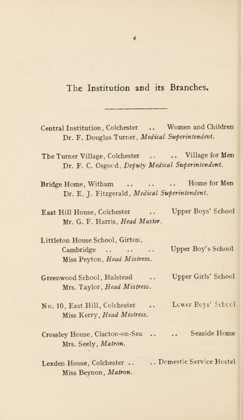 A The Institution and its Branches. Central Institution, Colchester .. Women and Children Dr. F. Douglas Turner, Medical Superintendevt. The Turner Village, Colchester .. .. Village for Men Dr. F. C. Osgocd, Deputy Medical Superintendent. Bridge Home, Witham .. .. .. Home for Men Dr. E. J. Fitzgerald, Medical Superintendent. East Hill House, Colchester .. Upper Boys' School Mr. G. F. Harris, Bead Master. Littleton House School, Girton, Cambridge. Upper Boy’s School Miss Peyton, Head Mistress. Greenwood School, Halstead .. Upper Girls' School Mrs. Taylor, Bead Mistress. No. 10, East Hill, Colchester .. Lower Boys’ School Miss Kerry, Bead Mistress. Crossley House, Clacton-on-Sea .. .. Seaside Home Mrs. Seely, Matron. Lexden House, Colchester .. Miss Beynon, Matron. • • Domestic Service Hostel