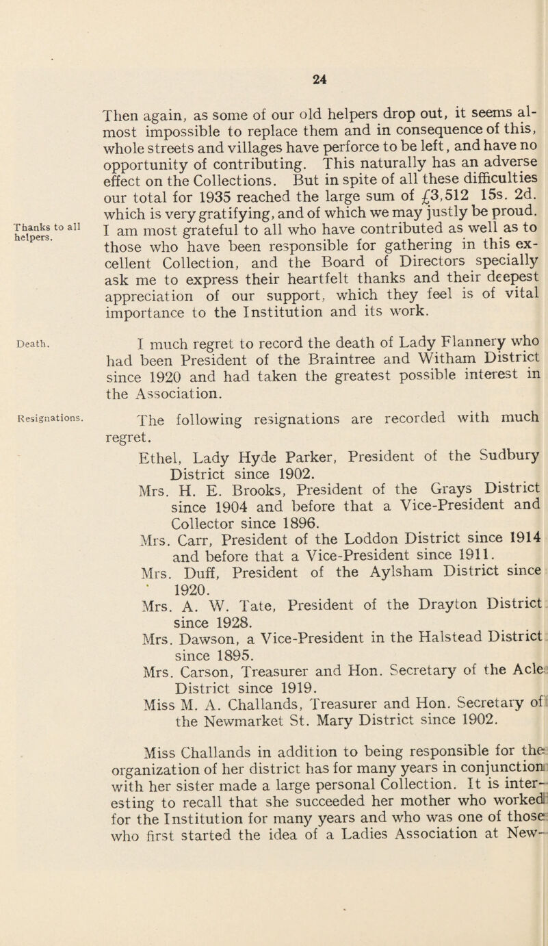 Thanks to all helpers. Death. Resignations. Then again, as some of our old helpers drop out, it seems al¬ most impossible to replace them and in consequence of this, whole streets and villages have perforce to be left, and have no opportunity of contributing. This naturally has an adverse effect on the Collections. But in spite of all these difficulties our total for 1935 reached the large sum of £3,512 15s. 2d. which is very gratifying, and of which we may justly be proud. I am most grateful to all who have contributed as well as to those who have been responsible for gathering in this ex¬ cellent Collection, and the Board of Directors specially ask me to express their heartfelt thanks and their deepest appreciation of our support, which they feel is of vital importance to the Institution and its work. I much regret to record the death of Lady Flannery who had been President of the Braintree and Witham District since 1920 and had taken the greatest possible interest in the Association. The following resignations are recorded with much regret. Ethel, Lady Hyde Parker, President of the Sudbury District since 1902. Mrs. H. E. Brooks, President of the Grays District since 1904 and before that a Vice-President and Collector since 1896. Mrs. Carr, President of the Loddon District since 1914 and before that a Vice-President since 1911. Mrs. Duff, President of the Aylsham District since ‘ 1920. Mrs. A. W. Tate, President of the Drayton District since 1928. Mrs. Dawson, a Vice-President in the Halstead District since 1895. Mrs. Carson, Treasurer and Hon. Secretary of the Acle District since 1919. Miss M. A. Challands, Treasurer and Hon. Secretary of the Newmarket St. Mary District since 1902. Miss Challands in addition to being responsible for the organization of her district has for many years in conjunction with her sister made a large personal Collection. It is inter¬ esting to recall that she succeeded her mother who workedl for the Institution for many years and who was one of those who first started the idea of a Ladies Association at New-