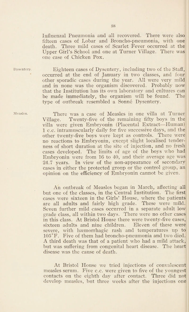 Dysentery. Measles. Influenzal Pneumonia and all recovered. There were also fifteen cases of Lobar and Broncho-pneumonia, with one death. Three mild cases of Scarlet Fever occurred at the Upper Girl’s School and one at Turner Village. There was one case of Chicken Pox. Eighteen cases of Dysentery, including two of the Staff, occurred at the end of January in two classes, and four other sporadic cases during the year. All were very mild and in none was the organism discovered. Probably now that the Institution has its own laboratory and cultures can be made immediately, the organism will be found. The type of outbreak resembled a Sonne Dysentery. There was a case of Measles in one villa at Turner Village. Twenty-five of the remaining fifty boys in the villa were given Embryonin (Placental Extract—Human) 1 c.c. intramuscularly daily for five successive days, and the other twenty-five boys were kept as controls. There were no reactions to Embryonin, except slight localised tender¬ ness of short duration at the site of injection, and no fresh cases developed. The limits of age of the boys who had Embryonin were from 16 to 40, and their average age was 24.7 years. In view of the non-appearance of secondary cases in either the protected group or the control group, an opinion on the efficiency of Embryonin cannot be given. An outbreak of Measles began in March, affecting all but one of the classes, in the Central Institution. The first cases were sixteen in the Girls’ House, where the patients are all adults and fairly high grade. These were mild. Seven further mild cases occurred in a separate adult low grade class, all within two days. There were no other cases in this class. At Bristol House there were twenty-five cases, sixteen adults and nine children. Eleven of these were severe, with haemorrhagic rash and temperatures up to 105°F. Five of them had broncho-pneumonia and two died. A third death was that of a patient who had a mild attack, but was suffering from congenital heart disease. The heart disease was the cause of death. At Bristol House we tried injections of convalescent measles serum. Five c.c. were given to five of the youngest contacts on the eighth day after contact. Three did not develop measles, but three weeks after the injections one