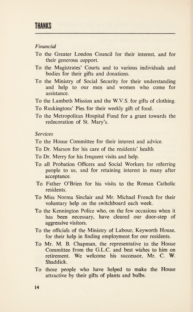THANKS Financial To the Greater London Council for their interest, and for their generous support. To the Magistrates’ Courts and to various individuals and bodies for their gifts and donations. To the Ministry of Social Security for their understanding and help to our men and women who come for assistance. To the Lambeth Mission and the W.V.S. for gifts of clothing. To Ruskingtons’ Pies for their weekly gift of food. To the Metropolitan Hospital Fund for a grant towards the redecoration of St. Mary’s. Services To the House Committee for their interest and advice. To Dr. Marson for his care of the residents’ health. To Dr. Merry for his frequent visits and help. To all Probation Officers and Social Workers for referring people to us, and for retaining interest in many after acceptance. To Father O’Brien for his visits to the Roman Catholic residents. To Miss Norma Sinclair and Mr. Michael French for their voluntary help on the switchboard each week. To the Kennington Police who, on the few occasions when it has been necessary, have cleared our door-step of aggressive visitors. To the officials of the Ministry of Labour, Keyworth House, for their help in finding employment for our residents. To Mr. M. B. Chapman, the representative to the House Committee from the G.L.C. and best wishes to him on retirement. We welcome his successor, Mr. C. W. Shaddick. To those people who have helped to make the House attractive by their gifts of plants and bulbs.
