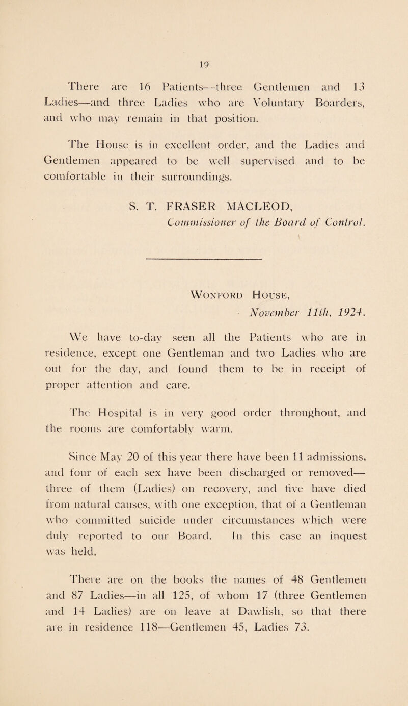 There are 16 Patients—three Gentlemen and 13 Ladies—and three Ladies who are Voluntary Boarders, and who may remain in that position. The House is in excellent order, and the Ladies and Gentlemen appeared to be well supervised and to be comfortable in their surroundings. S. T. FRASER MACLEOD, Commissioner of the Board of Control. Wonford House, November 11th, 1924. We have to-day seen all the Patients who are in residence, except one Gentleman and two Ladies who are out for the day, and found them to be in receipt of proper attention and care. The Hospital is in very good order throughout, and the rooms are comfortably warm. Since May 20 of this year there have been 11 admissions, and four of each sex have been discharged or removed— three of them (Ladies) on recovery, and live have died from natural causes, w ith one exception, that of a Gentleman who committed suicide under circumstances which were duly reported to our Board. In this case an inquest was held. There are on the books the names of 48 Gentlemen and 87 Ladies—in all 125, of whom 17 (three Gentlemen and 14 Ladies) are on leave at Dawlish, so that there are in residence 118—Gentlemen 45, Ladies 73.