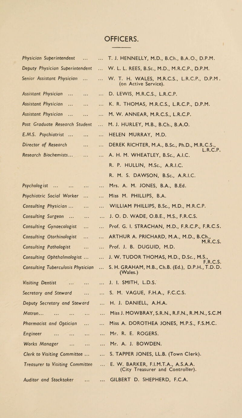 OFFICERS. Physician Superintendent Deputy Physician Superintendent Senior Assistant Physician ... Assistant Physician Assistant Physician ... Assistant Physician ... Post Graduate Research Student E.M.S. Psychiatrist. Director of Research Research Biochemists... Psychologist . Psychiatric Social Worker ... Consulting Physician. Consulting Surgeon . Consulting Gynaecologist Consulting Otorhinologist Consulting Pathologist Consulting Ophthalmologist ... Consulting Tuberculosis Physician Visiting Dentist Secretary and Steward Deputy Secretary and Steward Matron... Pharmacist and Optician Engineer Works Manager . Clerk to Visiting Committee ... Treasurer to Visiting Committee Auditor and Stocktaker T. J. HENNELLY, M.D., B.Ch., B.A.O., D.P.M. W. L. L. REES, B.Sc., M.D., M.R.C.P., D.P.M. W. T. H. WALES, M.R.C.S., L.R.C.P., D.P.M. (on Active Service). D. LEWIS, M.R.C.S., L.R.C.P. K. R. THOMAS, M.R.C.S., L.R.C.P., D.P.M. M. W. ANNEAR, M.R.C.S., L.R.C.P. M. J. HURLEY, M.B., B.Ch., B.A.O. HELEN MURRAY, M.D. DEREK RICHTER, M.A., B.Sc., Ph.D., M.R.C.S., L R C P A. H. M. WHEATLEY, B.Sc., A.I.C. R. P. HULLIN, M.Sc., A.R.I.C. R. M. S. DAWSON, B.Sc., A.R.I.C. Mrs. A. M. JONES, B.A., B.Ed. Miss M. PHILLIPS, B.A. WILLIAM PHILLIPS, B.Sc., M.D., M.R.C.P. J. O. D. WADE, O.B.E., M.S., F.R.C.S. Prof. G. I. STRACHAN, M.D., F.R.C.P., F.R.C.S. ARTHUR A. PRICHARD, M.A., M.D., B.Ch., M.R.C.S. Prof. J. B. DUGUID, M.D. J. W. TUDOR THOMAS, M.D., D.Sc., M.S., F R C S S. H. GRAHAM, M.B.,Ch.B. (Ed.), D.P.H., T.D.D. (Wales.) J. I. SMITH, L.D.S. S. M. VAGUE, F.H.A., F.C.C.S. H. J. DANIELL, A.H.A. Miss J. MOWBRAY, S.R.N., R.F.N., R.M.N., S.C.M Miss A. DOROTHEA JONES, M.P.S., F.S.M.C. Mr. R. E. ROGERS. Mr. A. J. BOWDEN. S. TAPPER JONES, LL.B. (Town Clerk). E. W. BARKER, F.I.M.T.A., A.S.A.A. (City Treasurer and Controller). GILBERT D. SHEPHERD, F.C.A.