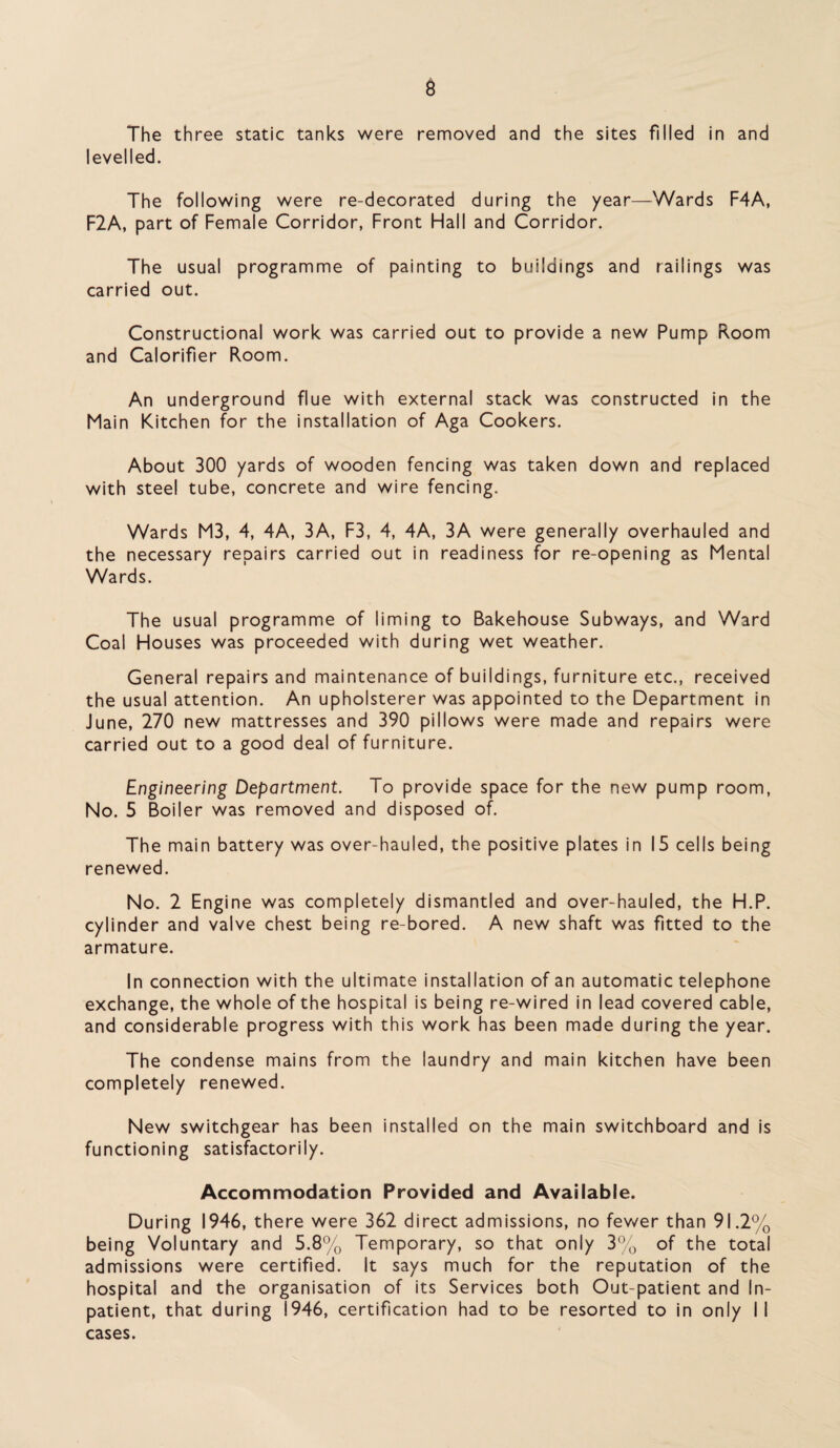 The three static tanks were removed and the sites filled in and levelled. The following were re-decorated during the year—Wards F4A, F2A, part of Female Corridor, Front Hall and Corridor. The usual programme of painting to buildings and railings was carried out. Constructional work was carried out to provide a new Pump Room and Calorifier Room. An underground flue with external stack was constructed in the Main Kitchen for the installation of Aga Cookers. About 300 yards of wooden fencing was taken down and replaced with steel tube, concrete and wire fencing. Wards M3, 4, 4A, 3A, F3, 4, 4A, 3A were generally overhauled and the necessary repairs carried out in readiness for re-opening as Mental Wards. The usual programme of liming to Bakehouse Subways, and Ward Coal Houses was proceeded with during wet weather. General repairs and maintenance of buildings, furniture etc., received the usual attention. An upholsterer was appointed to the Department in June, 270 new mattresses and 390 pillows were made and repairs were carried out to a good deal of furniture. Engineering Department. To provide space for the new pump room, No. 5 Boiler was removed and disposed of. The main battery was over-hauled, the positive plates in 15 cells being renewed. No. 2 Engine was completely dismantled and over-hauled, the H.P. cylinder and valve chest being re-bored. A new shaft was fitted to the armature. In connection with the ultimate installation of an automatic telephone exchange, the whole of the hospital is being re-wired in lead covered cable, and considerable progress with this work has been made during the year. The condense mains from the laundry and main kitchen have been completely renewed. New switchgear has been installed on the main switchboard and is functioning satisfactorily. Accommodation Provided and Available. During 1946, there were 362 direct admissions, no fewer than 91.2% being Voluntary and 5.8% Temporary, so that only 3% of the total admissions were certified. It says much for the reputation of the hospital and the organisation of its Services both Out-patient and In¬ patient, that during 1946, certification had to be resorted to in only II cases.