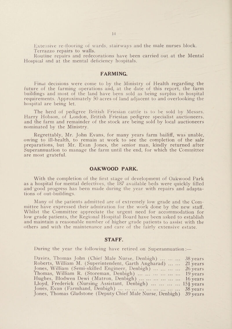 Extensive re-flooring of wards, stairways and the male nurses block. Terrazzo repairs to walls. Routine repairs and redecorations have been carried out at the Mental Hospical and at the mental deficiency hospitals. FARMING. Final decisions were come to by the Ministry of Health regarding the future of the farming operations and, at the date of this report, the farm buildings and most of the land have been sold as being surplus to hospital requirements. Approximately 50 acres of land adjacent to and overlooking the hospital are being let. The herd of pedigree British Friesian cattle is to be sold by Messrs. Harry Hobson, of London, British Friesian pedigree specialist auctioneers, and the farm and remainder of the stock are being sold by local auctioneers nominated by the Ministry. Regrettably, Mr. John Evans, for many years farm bailiff, was unable, owing to ill-health, to remain at work to see the completion of the sale preparations, but Mr. Evan Jones, the senior man, kindly returned after Superannuation to manage the farm until the end, for which the Committee are most grateful. OAKWOOD PARK. With the completion of the first stage of development of Oakwood Park as a hospital for mental defectives, the 187 available beds were quickly filled and'good progress has been made during the year with repairs and adapta¬ tions of out-buildings. Many of the patients admitted are of extremely low grade and the Com¬ mittee have expressed their admiration for the work done by the new staff. Whilst the Committee appreciate the urgent need for accommodation for low grade patients, the Regional Hospital Board have been asked to establish and maintain a reasonable number of higher grade patients to assist with the others and with the maintenance and care of the fairly extensive estate. STAFF. During the year the following have retired on Superannuation:— Davies, Thomas John, (Chief Male Nurse, Denbigh) . 38 years Roberts, William M. (Superintendent, Garth Angharad) . 21 years Jones, William (Semi-skilled Engineer, Denbigh) . 26 years Thomas, William R. (Storeman, Denbigh) . 19 years Hughes, Blodwen Dewi (Matron, Denbigh) . 16 years Lloyd, Frederick (Nursing Assistant, Denbigh) . 15J years Jones, Evan (Farmhand, Denbigh) . 38 years Jones, Thomas Gladstone (Deputy Chief Male Nurse, Denbigh) 39 years