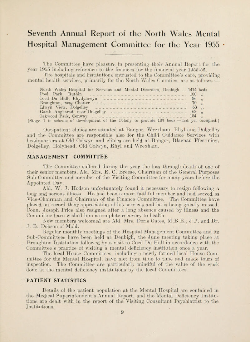 Seventh Annual Report of the North Wales Mental Hospital Management Committee for the Year 1955 • The Committee have pleasure in presenting their Annual Report for the year 1955 including reference to the finances for the financial year 1955-56. The hospitals and institutions entrusted to the Committee’s care, providing mental health services, primarily for the North Wales Counties, are as follows:— North Wales Hospital for Nervous and Mental Disorders., Denbigh ... 1414 beds Pool Park, Ruthin ... 100 Coed Du Hall, R.hydymwyn ... 86 ,, Broughton, near Chester .... 70 ,, Llwyn View, Dolgelley ... 68 ,, Garth Angharad, near Dolgelley . 62 ,, Oakwood Park, Conway . 184 ,, (Stage 1 in scheme of development of the Colony to provide 184 beds. — not yet occupied.) Out-patient clinics are isdtuated at Bangor, Wrexham, Rhyl and Dolgelley and the Committee are responsible also for the Child Guidance Services with headquarters at Old Colwyn and clinics are held at Bangor, Blaenau Ffestiniog, Dolgelley, Holyhead, Old Colwyn, Rhyl and Wrexham. MANAGEMENT COMMITTEE The Committee suffered during the year the loss through death of one of their senior members, Aid. Mrs. E. C. Breese, Chairman of the General Purposes Sub-Committee and member of the Visiting Committee' for many years before the Appointed Day. Aid. W. J. Hodson unfortunately found it necessary to resign following a long and serious illness. He had been a most faithful member and had served as Vice-Chairman and Chairman of the Finance Committee. The Committee have placed on record their appreciation of his services and he is being greatly missed. Coun. Joseph Price also resigned after a long absence caused by illness and the Committee have wished him a complete recovery to health. New members welcomed are Aid. Mrs. Doris Oates, M.B.E., J.P. and Dr. J. B. Dobson of Mold. * , Regular monthly meetings of the Hospital Management Committee and its Sub-Committees have been held at Denbigh, the June meeting taking place at Broughton Institution followed by a visit to Coed Du Hall in accordance with the Committee’s practice of visiting a mental deficiency institution once a. year. The local House Committees, including a newly formed local House Com¬ mittee for the Mental Hospital, have met from time to< time and made tours of inspection. The Committee are particularly mindful of the value of the work done at the mental deficiency institutions by the local Committees. PATIENT STATISTICS Details of the patient population at the Mental Hospital are contained in the Medical Superintendent’s Annual Report, and the Mental Deficiency Institu¬ tions are dealt with in the report of the Visiting Consultant Psychiatrist to the Institutions,