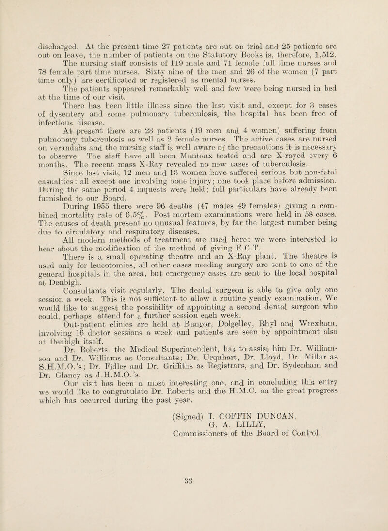 discharged. At the present time 27 patients are out on trial and 25 patients are out on leave, the number of patients on the Statutory Books is, therefore, 1,512. The nursing staff consists of 119 male and 71 female full time nurses and 78 female part time nurses. Sixty nine of the men and 26 of the women (7 part time only) are certificated or registered as mental nurses. The patients appeared remarkably well and few were being nursed in bed at the time of our visit. There has been little illness since the last visit and, except for 3 cases of dysentery and some pulmonary tuberculosis, the hospital has been free of infectious disease. At present there are 23 patients (19 men and 4 women) suffering from pulmonary tuberculosis as well as 2, female nurses. The active cases are nursed on verandahs and the nursing staff is well aware of the precautions it ist necessary to observe. The staff have all been Mantoux tested and are X-rayed every 6 months. The recent mass X-Ray revealed no new cases of tuberculosis. Since last visit, 12 men and 13 women have suffered serious but non-fatal casualties: all except one involving bone injury; one took place before admission. During the same period 4 inquests were held; full particulars have already been furnished to our Board. During 1955 there were 96 deaths (47 males 49 females) giving a com¬ bined mortality rate of 6.5%. Post mortem examinations were held in 58 cases. The causes of death present no unusual features, by far the largest number being due to circulatory and respiratory diseases. All modern methods of treatment are used here: we were interested to hear about the modification of the method of giving Ei.C.T. There is a small operating theatre and an X-Ray plant. The theatre is used only for leucotomies, all other cases needing surgery are sent to one of the general hospitals in the area, but emergency cases are sent to the local hospital at Denbigh. Consultants visit regularly. The dental surgeon is able to give only one session a week. This is not sufficient to allow a routine yearly examination. We would like to suggest the possibility of appointing a second dental surgeon who could, perhaps, attend for a further session each week. Out-patient clinics are held at Bangor, Dolgelley, Rhyl and Wrexham, involving 16 doctor sessions a week and patients are seen by appointment also at Denbigh itself. Dr. Roberts, the Medical Superintendent, has to assist him Dr. William¬ son and Dr. Williams as Consultants; Dr. Urquhart, Dr. Lloyd, Dr. Millar as S.H.M.O.’s; Dr. Fidler and Dr. Griffiths as Registrars, and Dr. Sydenham and Dr. Glancy as J.H.M.O.’s. Our visit lias been a most interesting one, and in concluding this entry we would like to congratulate Dr. Roberts and the H.M.C. on the great progress which has occurred during the past year. (Signed) I. COFFIN DUNCAN, G. A. LILLY, Commissioners of the Board of Control.