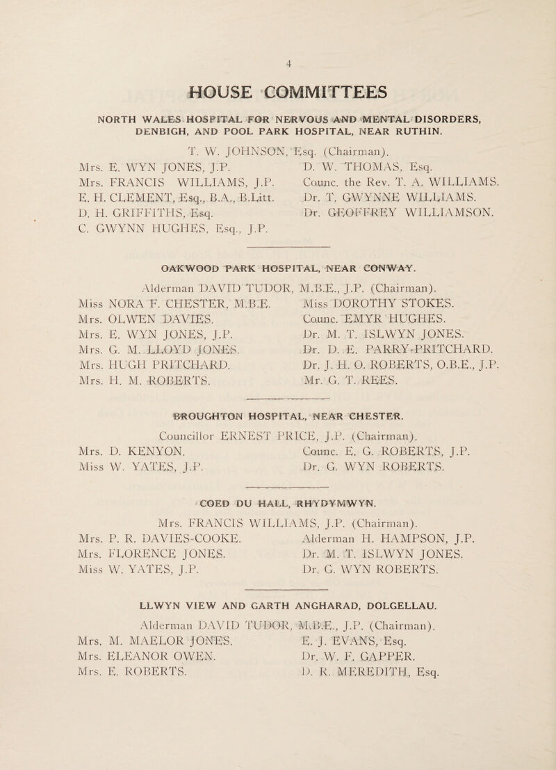 HOUSE COMMITTEES NORTH WALES HOSPITAL FOR NERVOUS AND MENTAL DISORDERS, DENBIGH, AND FOOL PARK HOSPITAL, NEAR RUTHIN. T. W. JOHNSON,'Esq. (Chairman). Mrs. E. WYN JONES, J.P. Mrs. FRANCIS WILLIAMS, J.P. E. H. CLEMENT, Esq., B.A., B.Litt. U. H. GRIFFITHS, Esq. D. W. THOMAS, Esq. Counc. the Rev. T. A. WILLIAMS Dr. T. GWYNNE WILLIAMS. Dr. GEOFFREY WILLIAMSON. C. GWYNN HUGHES, Esq., J.P. OAKWOOD PARK HOSPITAL, NEAR CONWAY. Alderman DAVID TUDOR, M.B.E., J.P. (Chairman). Miss NORA F. CHESTER, M.B.E. Mrs. OLWEN DAVIES. Mrs. E. WYN JONES, J.P. Mrs. G. M. LLOYD JONES. Mrs. HUGH PRITCHARD. Mrs. H. M. ROBERTS. Miss DOROTHY STOKES. Counc. EMYR HUGHES. Dr. M. T. ISLWYN JONES. Dr. D. E. PARRY-PRITCHARD. Dr. J. H. O. ROBERTS, O.B.E., J.P Mr. G. T. REES. BROUGHTON HOSPITAL, NEAR CHESTER. Councillor ERNEST PRICE, J.P. (Chairman). Mrs. D. KENYON. Counc. E. G. ROBERTS, J.P. Miss W. YATES, J.P. Dr. G. WYN ROBERTS. COED DU HALL, RHVDYMWYN. Mrs. FRANCIS WILLIAMS, J.P. (Chairman). Mrs. P. R. DAVIES-COOKE. Alderman H. HAMPSON, J.P. Mrs. FLORENCE JONES. Dr. M. T. ISLWYN JONES. Miss W. YATES, J.P. Dr. G. WYN ROBERTS. LLWYN VIEW AND GARTH ANGHARAD, DOLGELLAU. Alderman DAVID TUDOR, M-.B.E., J.P. (Chairman). Mrs. M. MAELOR JONES. E. J. EVANS, Esq. Mrs. ELEANOR OWEN. Dr. W. F. GAPPER. Mrs. E. ROBERTS. D. R. MEREDITH, Esq.