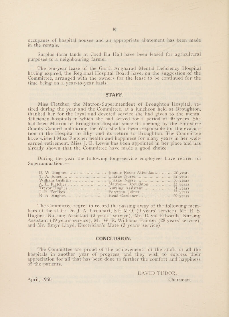 occupants of hospital houses and an appropriate abatement has been made in the rentals. Surplus farm lands at Coed Du Hall have been leased for agricultural purposes to a neighbouring farmer. The ten-year lease of the Garth Angharad Mental Deficiency Hospital having expired, the Regional Hospital Board have, on the suggestion of the Committee, arranged with the owners for the lease to be continued for the time being on a year-to-year basis. STAFF. Miss Fletcher, the Matron-Superintendent of Broughton Hospital, re¬ tired during the year and the Committee, at a luncheon held at Broughton, thanked her for the loyal and devoted service she had given to the mental deficiency hospitals in which she had served for a period of 40 years. She had been Matron of Broughton Hospital since its opening by the Flintshire County Council and during the War she had been responsible for the evacua¬ tion of the Hospital to Rhyl and its return to Broughton. The Committee have wished Miss Fletcher health and happiness for many years in her well- earned retirement. Miss J. E. Lewis has been appointed in her place and has already shown that the Committee have made a good choice. During the year the following long-service employees have retired on Superannuation:— D. VV. Hughes. Engine Room Attendant. 32 years T. A. Jones. Charge Nurse .32 years William Griffiths . Charge Nurse.36 years A. E. Fletcher. Matron— Broughton. 33 years Trevor Hughes . Nursing Assistant .31 years J. R. Foulkes . Foreman joiner .25 years R. A. Hughes. Head Gardener.29 years 'The Committee regret to record the passing away of the following mem¬ bers of the staff: Dr. j. A. Urquhart, S.H.M.O. (9 years’ service), Mr. R. S. Hughes, Nursing Assistant (3 years’ service), Mr. David Edwards, Nursing- Assistant (19 years’ service), Mr. W. E. Williams, Painter (28 years’ service), and Mr. Emyr Eloyd, Electrician’s Mate (3 years’ service). CONCLUSION. The Committee are proud of the achievements of the staffs of all the hospitals in another year of progress, and they wish to express their appreciation for all that has been done to further the comfort and happiness of the patients. DAVID TUDOR, Chairman. April, 1960.